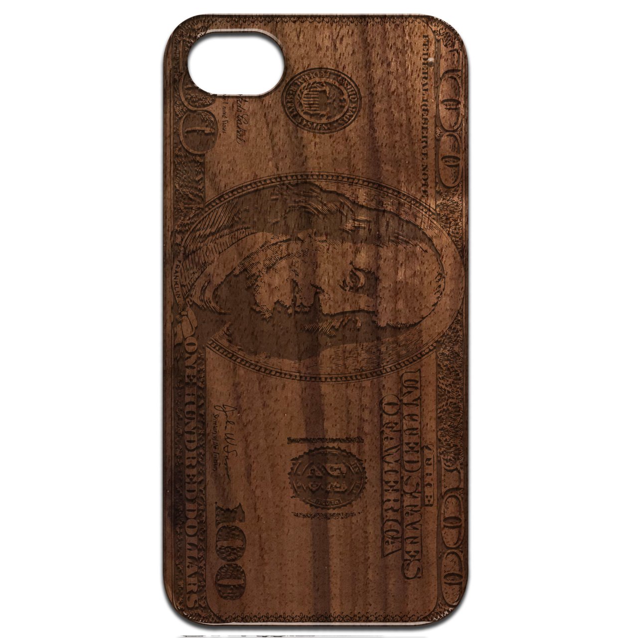 Engraved wooden phone case featuring a Hundred Dollar Bill design, showcasing intricate details and a natural wood finish.