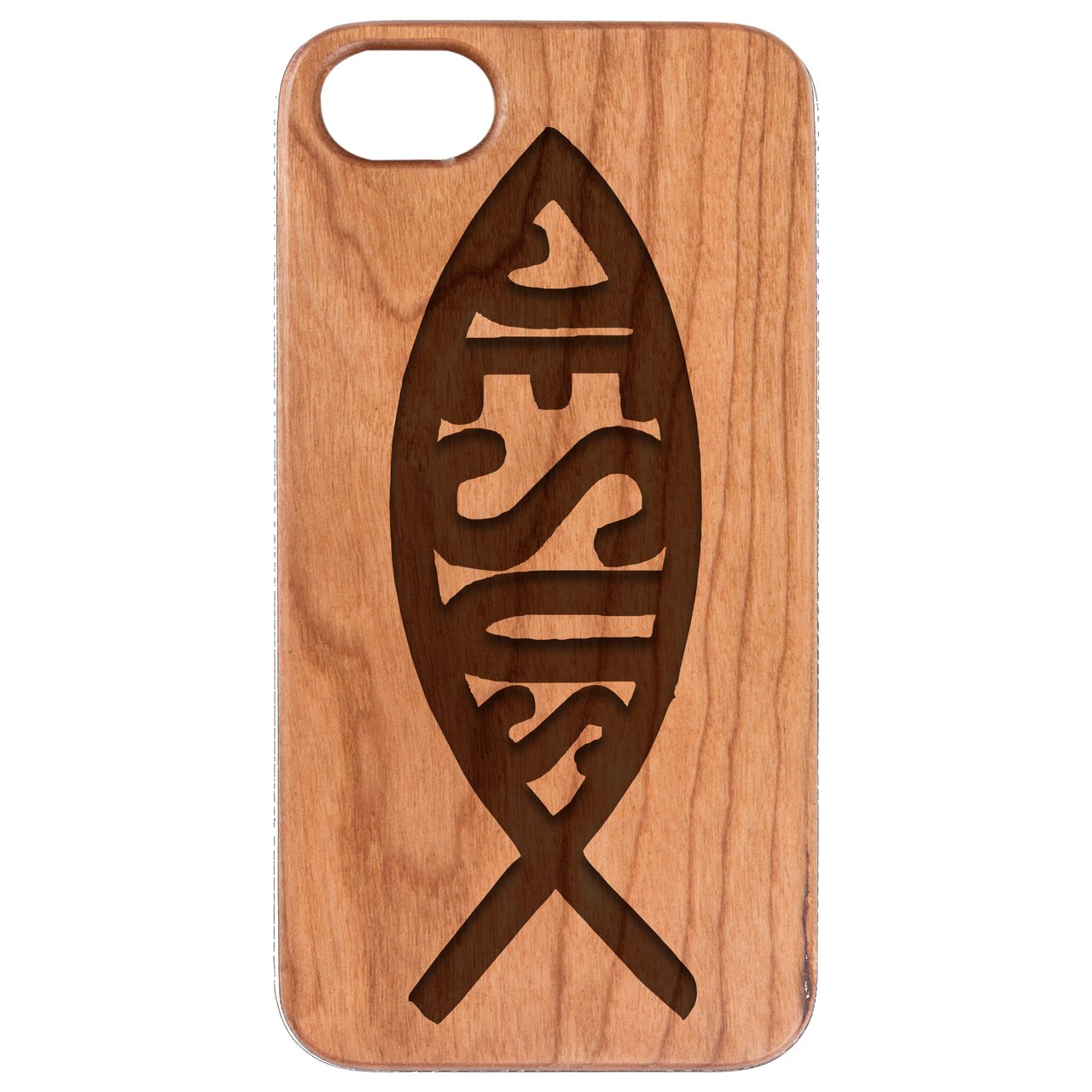 Ichthys Jesus 1 - Engraved wooden phone case showcasing intricate design and natural wood finish.