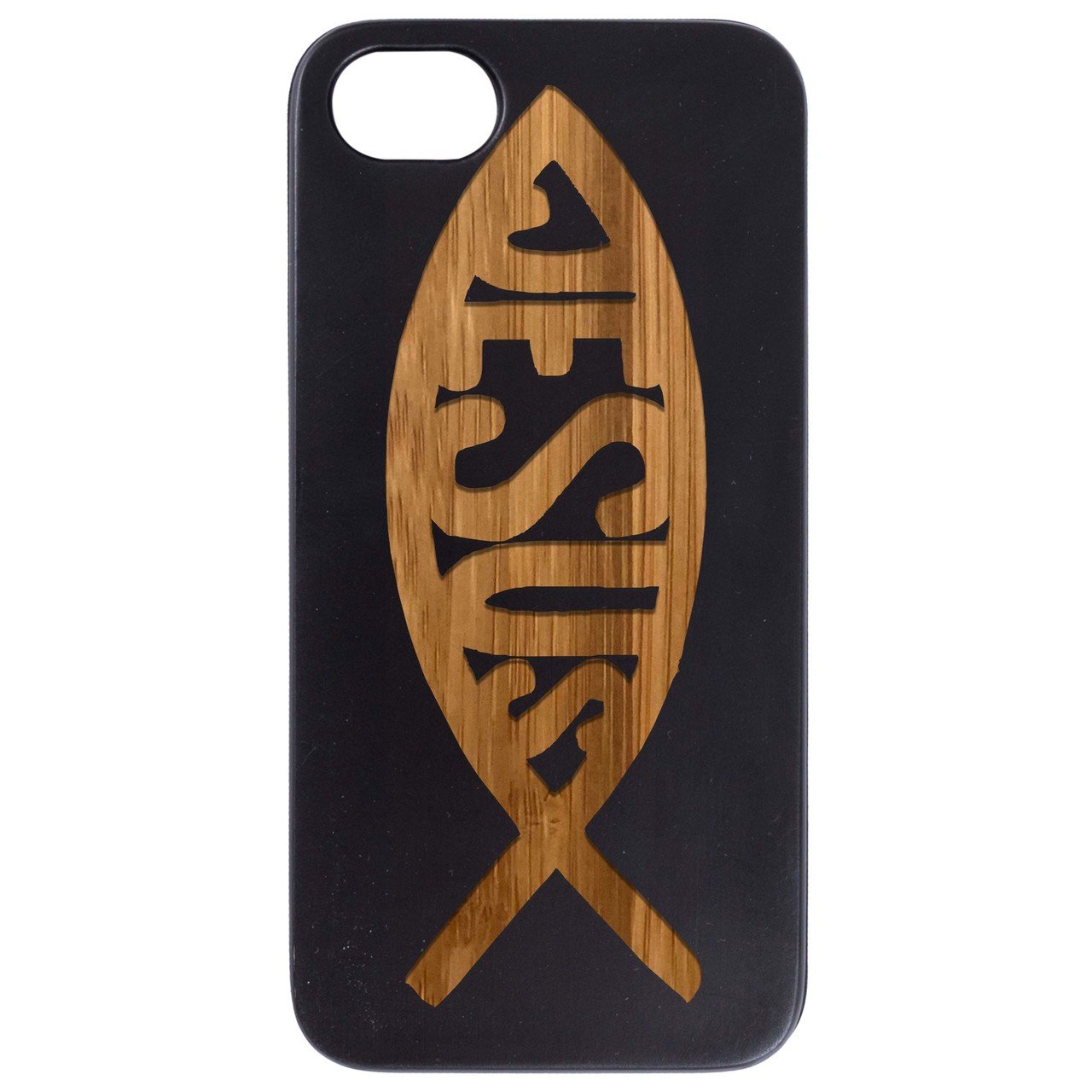 Ichthys Jesus 1 - Engraved wooden phone case showcasing intricate design and natural wood finish.