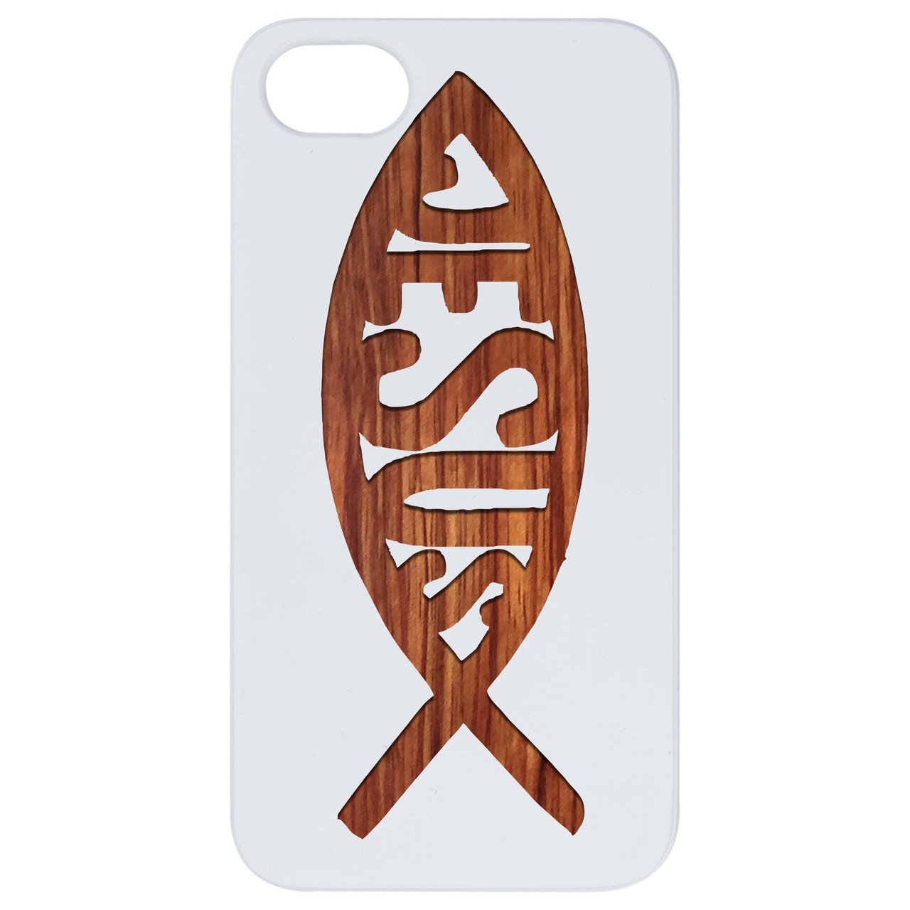 Ichthys Jesus 1 - Engraved wooden phone case showcasing intricate design and natural wood finish.