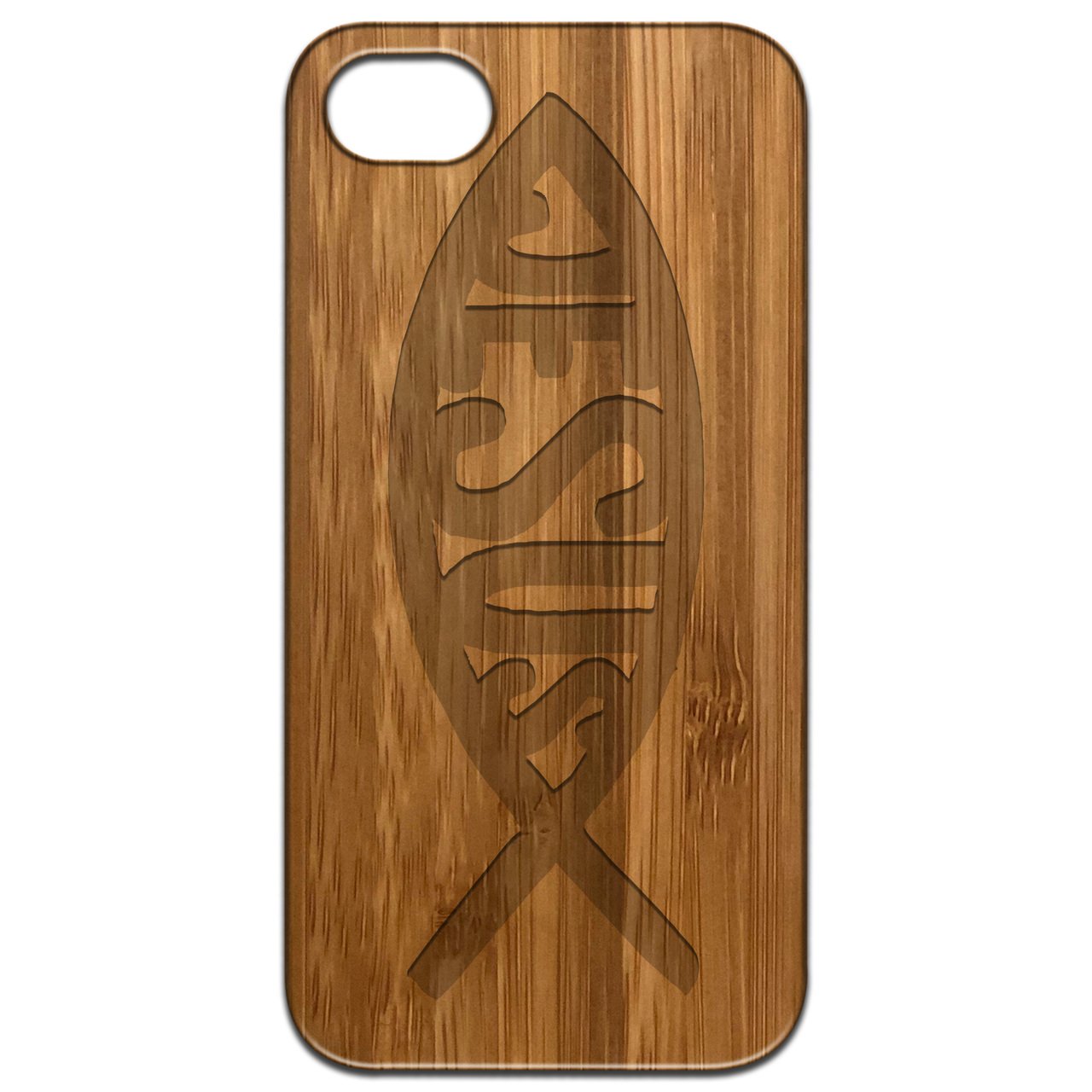 Ichthys Jesus 1 - Engraved wooden phone case showcasing intricate design and natural wood finish.