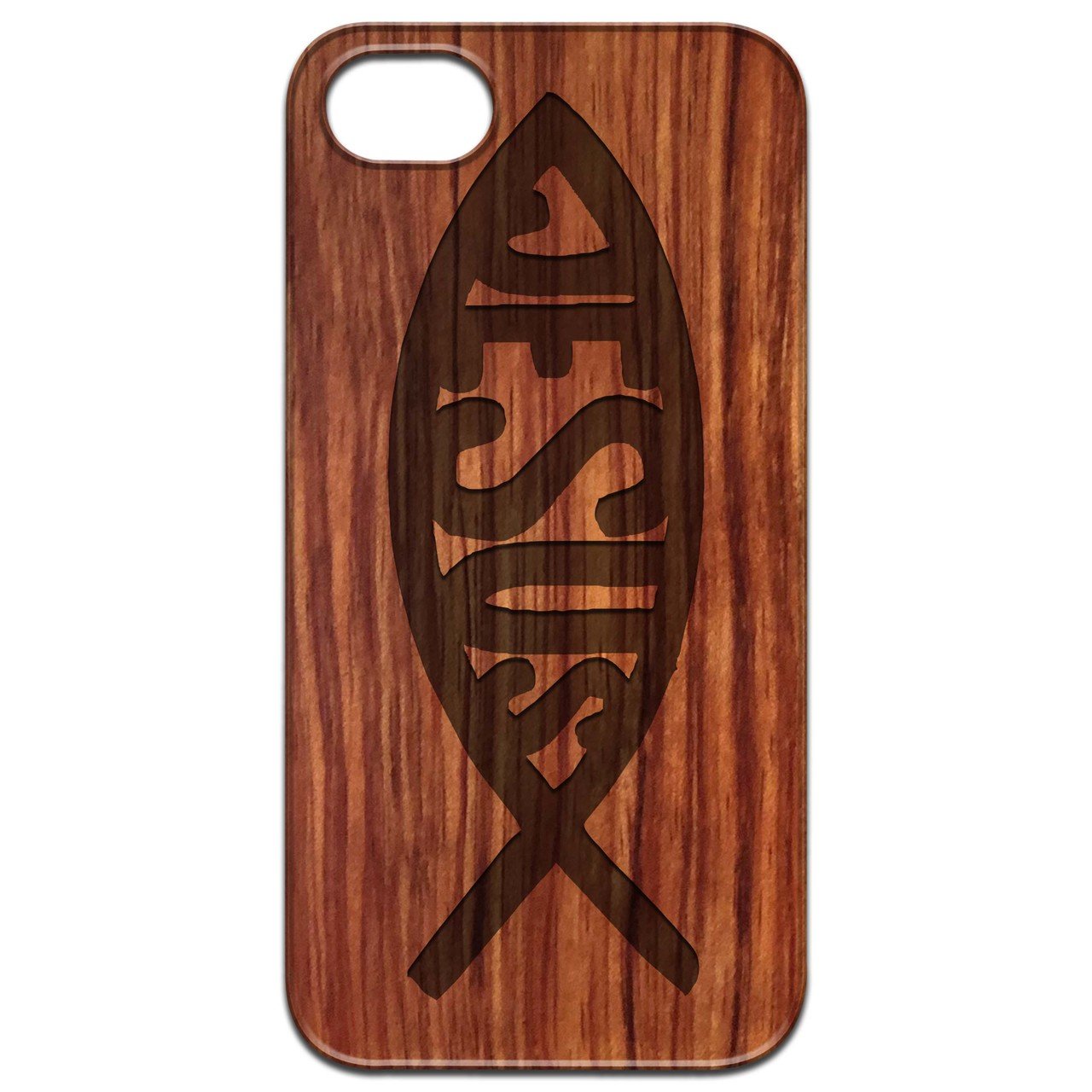 Ichthys Jesus 1 - Engraved wooden phone case showcasing intricate design and natural wood finish.