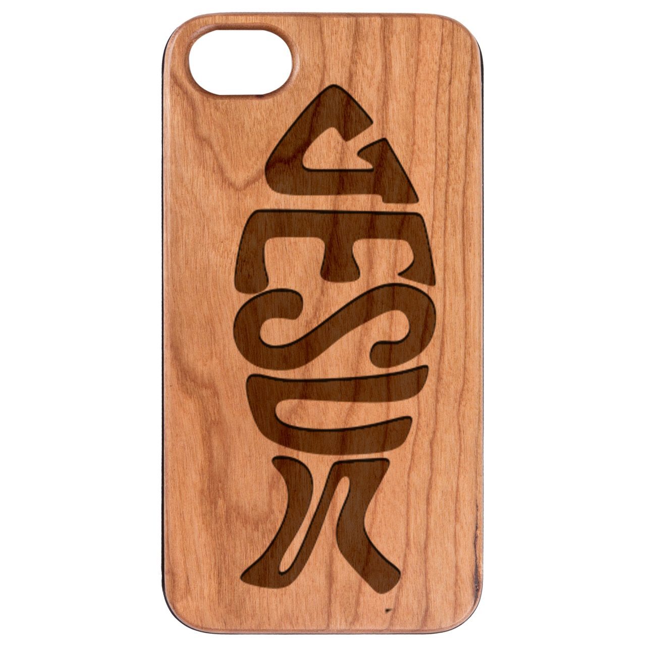 Ichthys Jesus 2 - Engraved wooden phone case showcasing intricate laser engraving and natural wood finish.