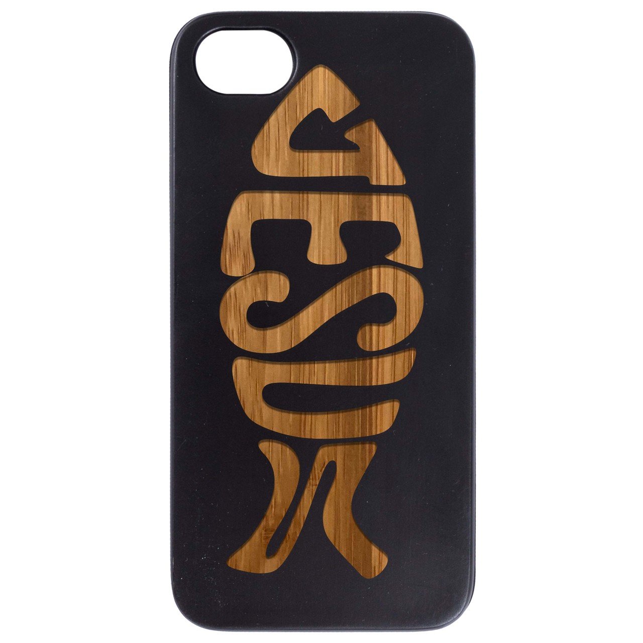 Ichthys Jesus 2 - Engraved wooden phone case showcasing intricate laser engraving and natural wood finish.