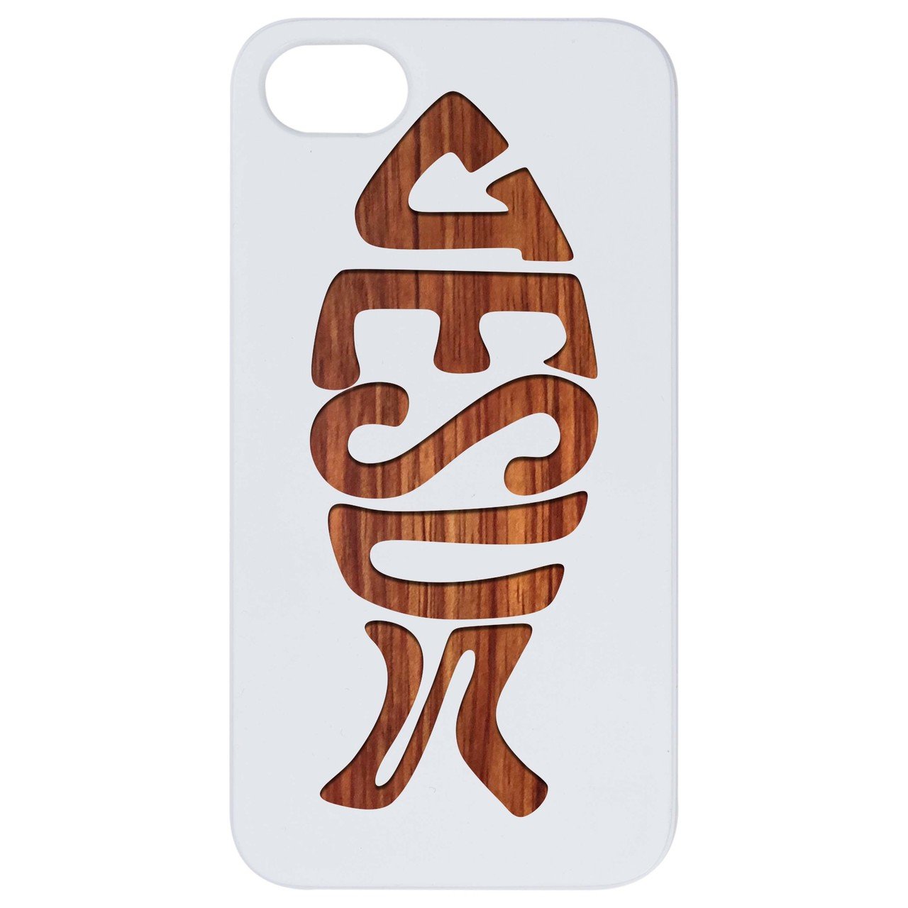 Ichthys Jesus 2 - Engraved wooden phone case showcasing intricate laser engraving and natural wood finish.