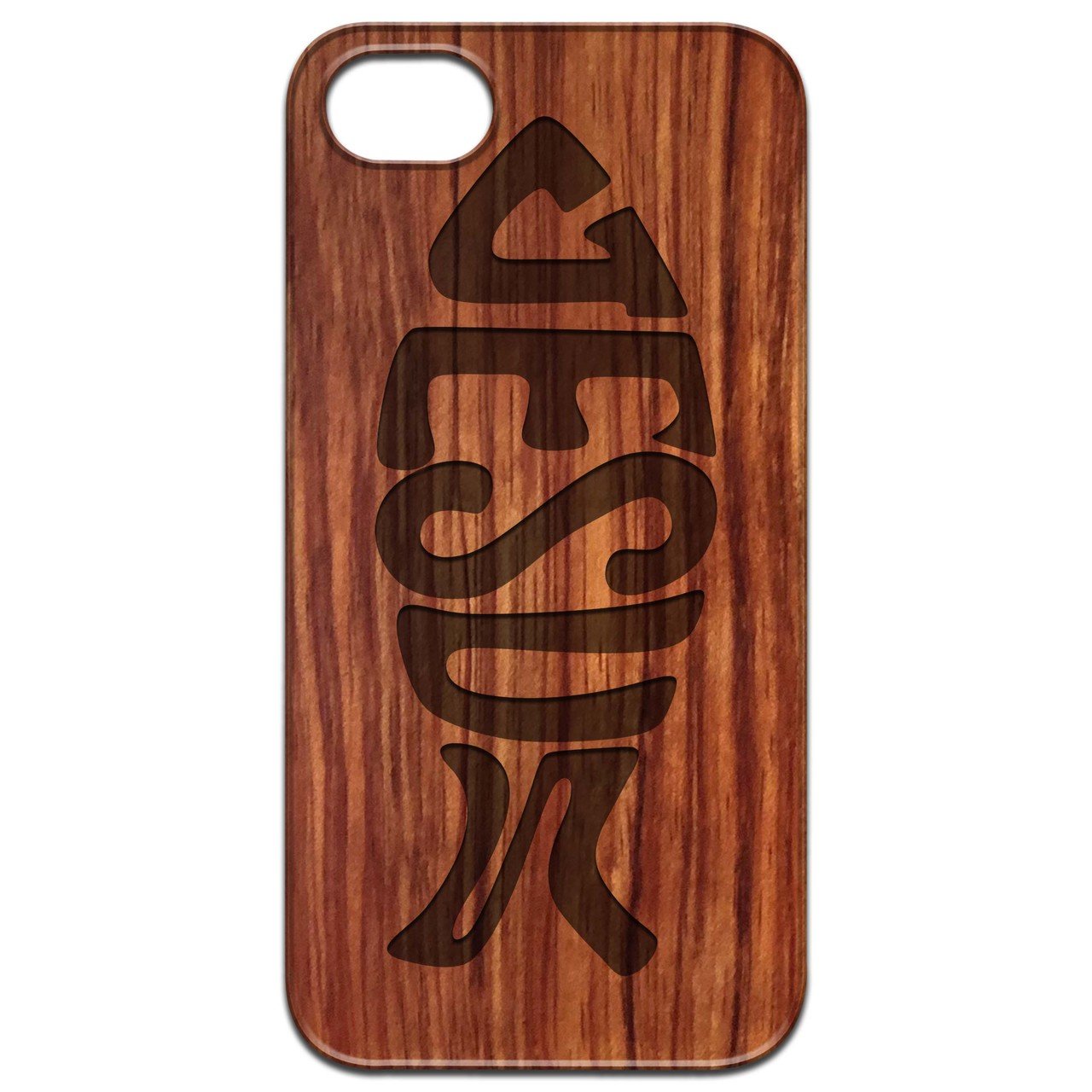 Ichthys Jesus 2 - Engraved wooden phone case showcasing intricate laser engraving and natural wood finish.