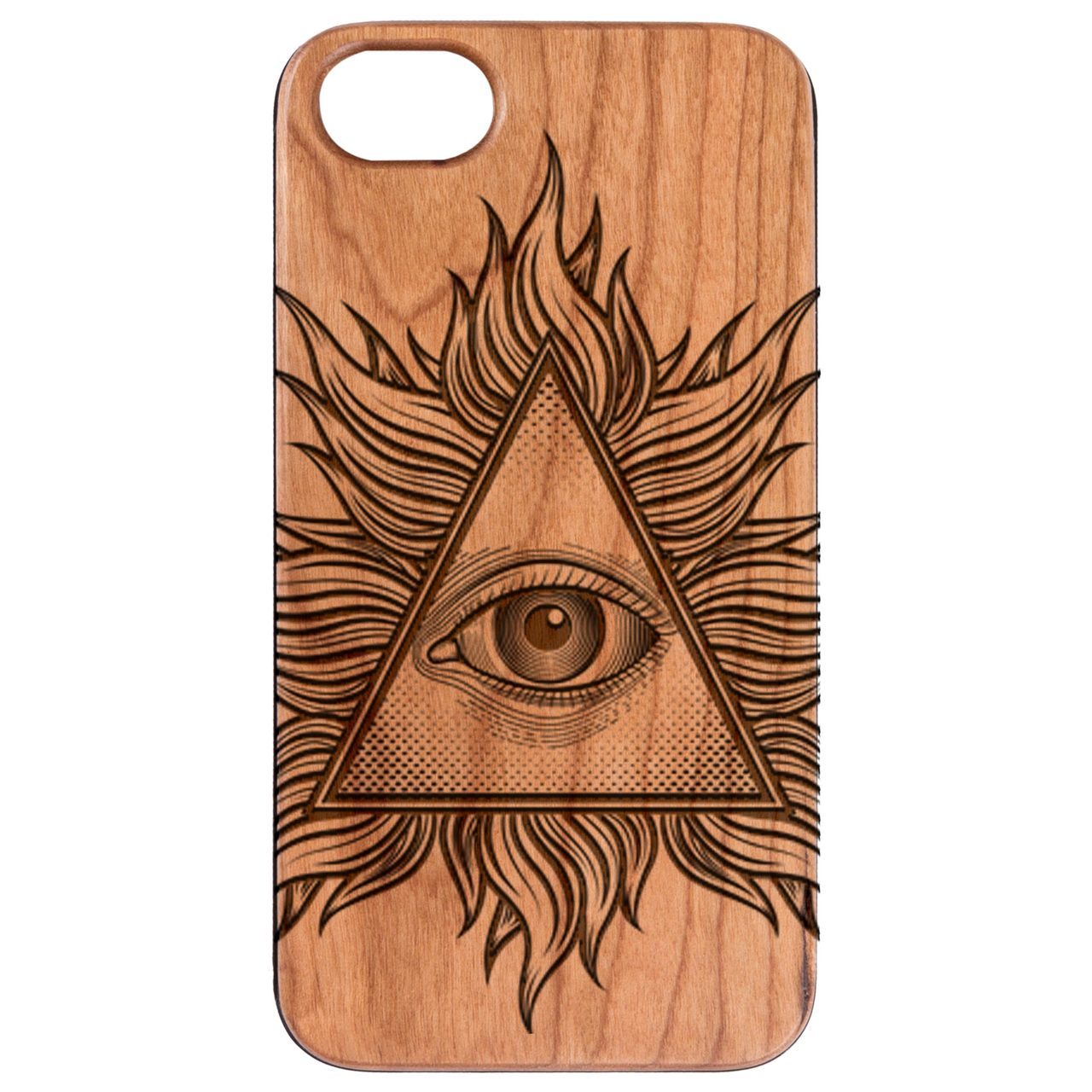 Illuminati - Engraved wooden phone case showcasing unique laser-engraved design and natural wood finish.