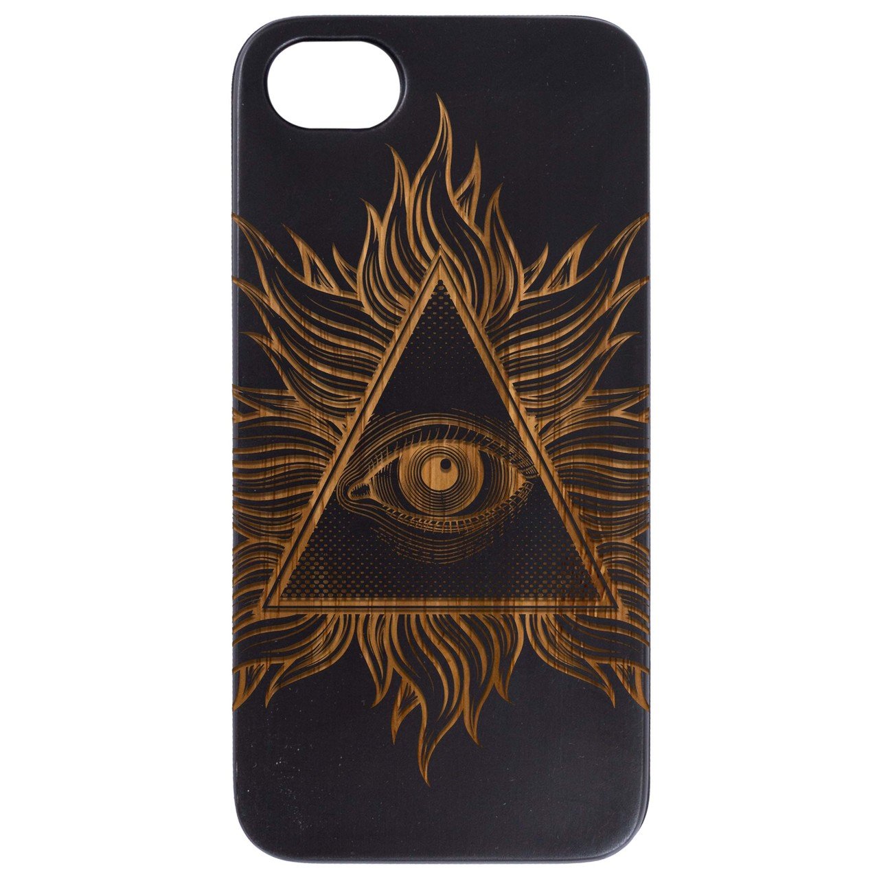 Illuminati - Engraved wooden phone case showcasing unique laser-engraved design and natural wood finish.