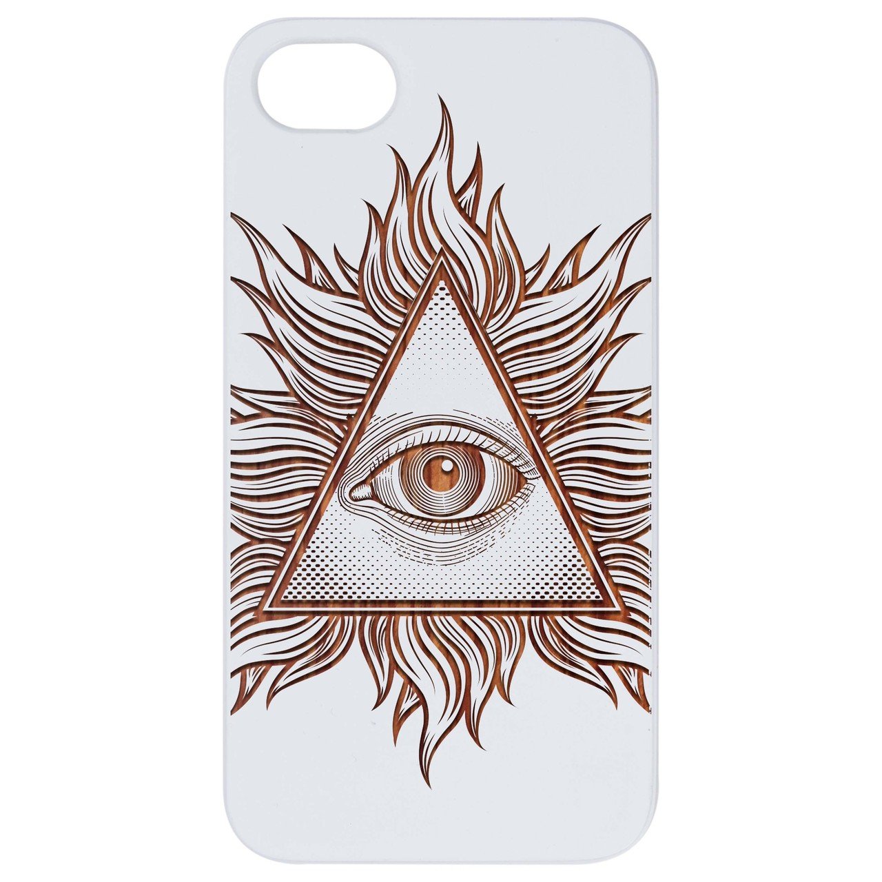 Illuminati - Engraved wooden phone case showcasing unique laser-engraved design and natural wood finish.