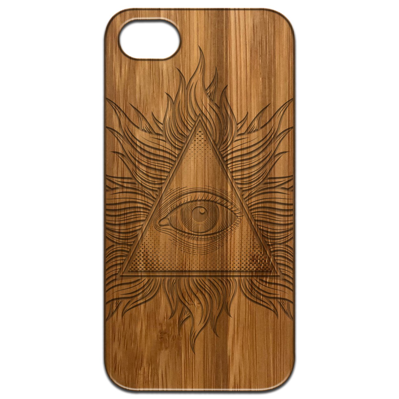 Illuminati - Engraved wooden phone case showcasing unique laser-engraved design and natural wood finish.