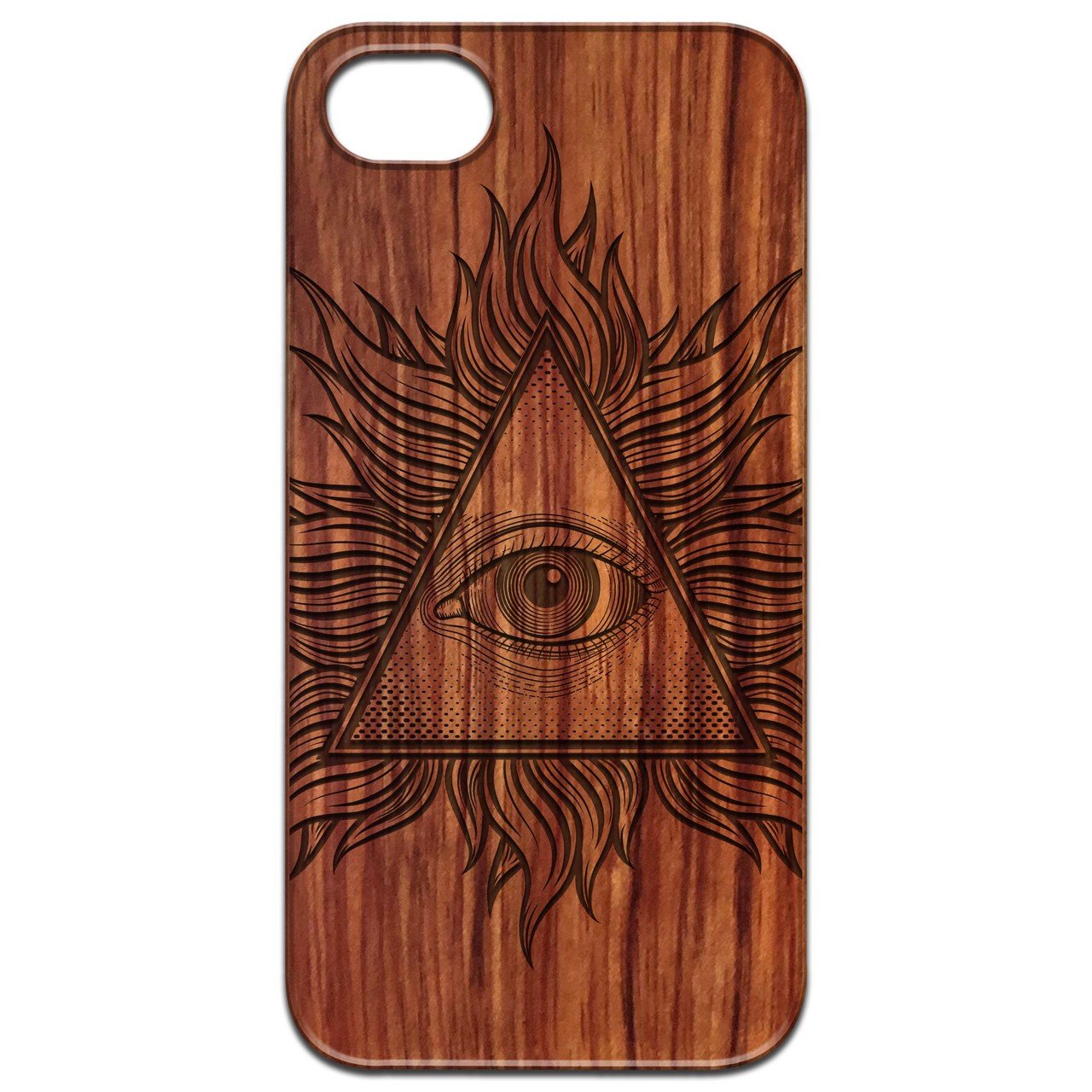 Illuminati - Engraved wooden phone case showcasing unique laser-engraved design and natural wood finish.