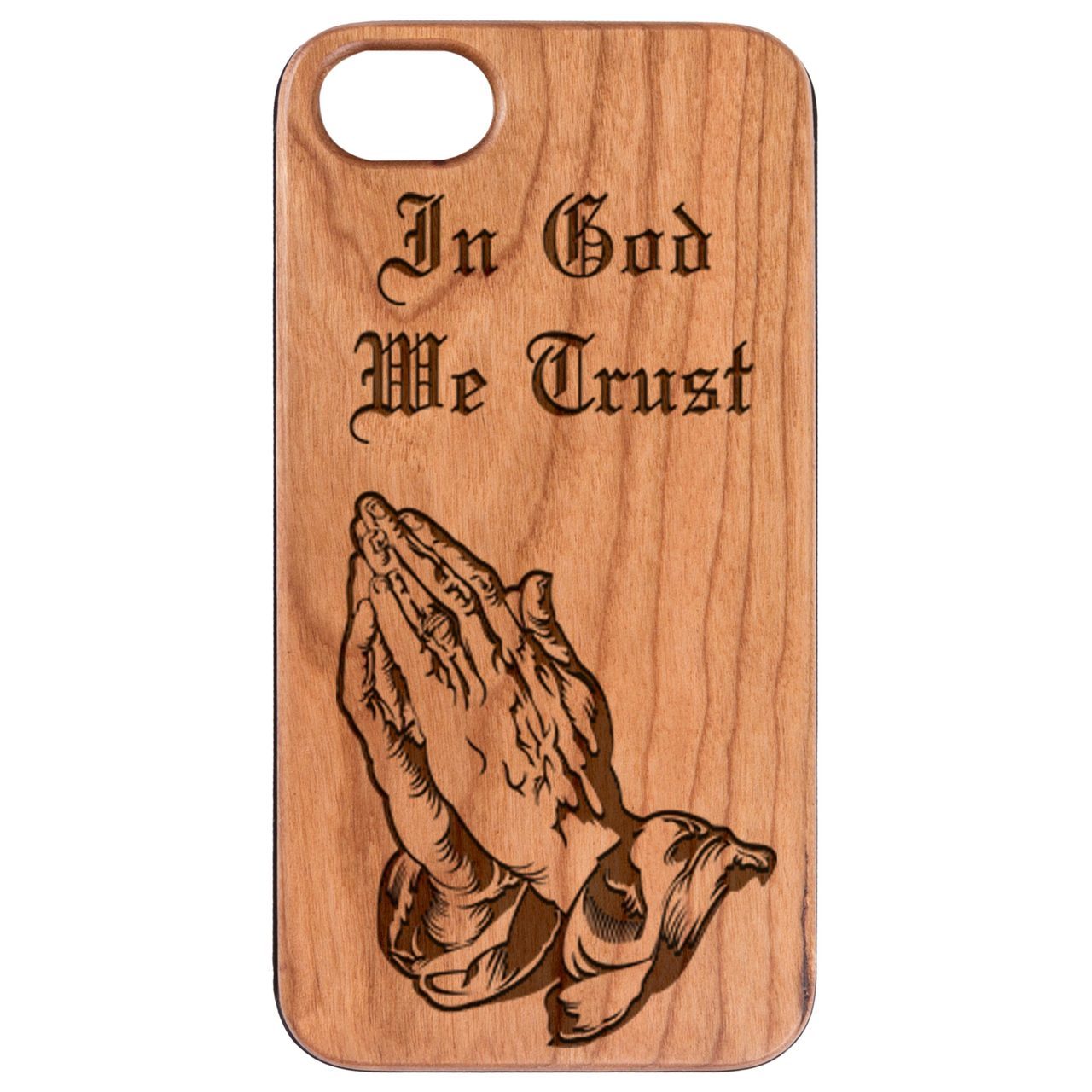 In God We Trust engraved wooden phone case showcasing natural wood finish and rubber bumper for enhanced protection.