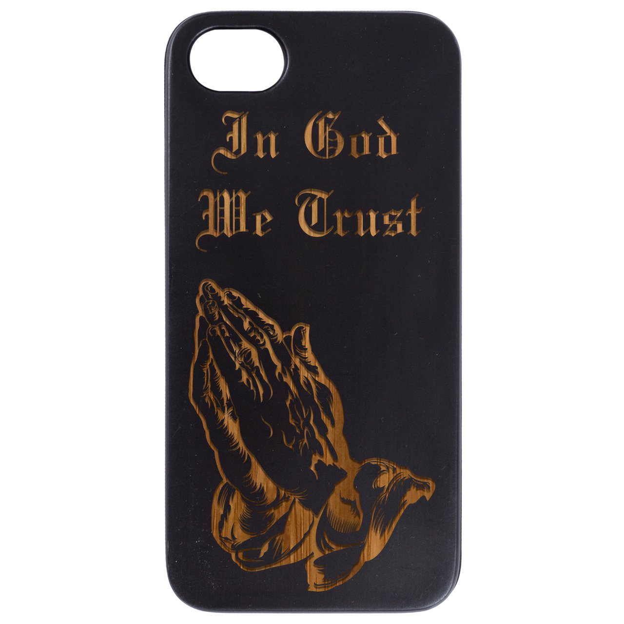 In God We Trust engraved wooden phone case showcasing natural wood finish and rubber bumper for enhanced protection.