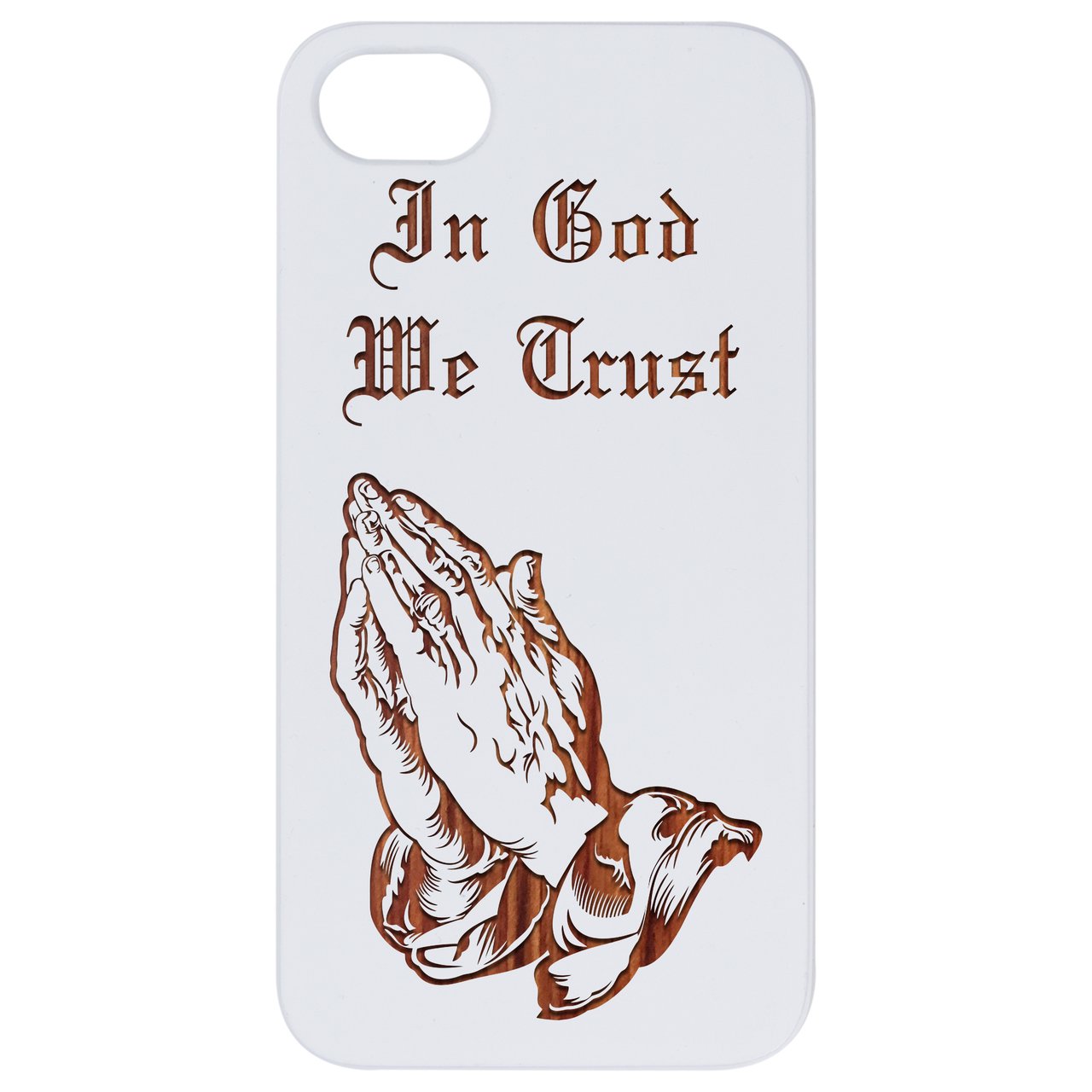 In God We Trust engraved wooden phone case showcasing natural wood finish and rubber bumper for enhanced protection.