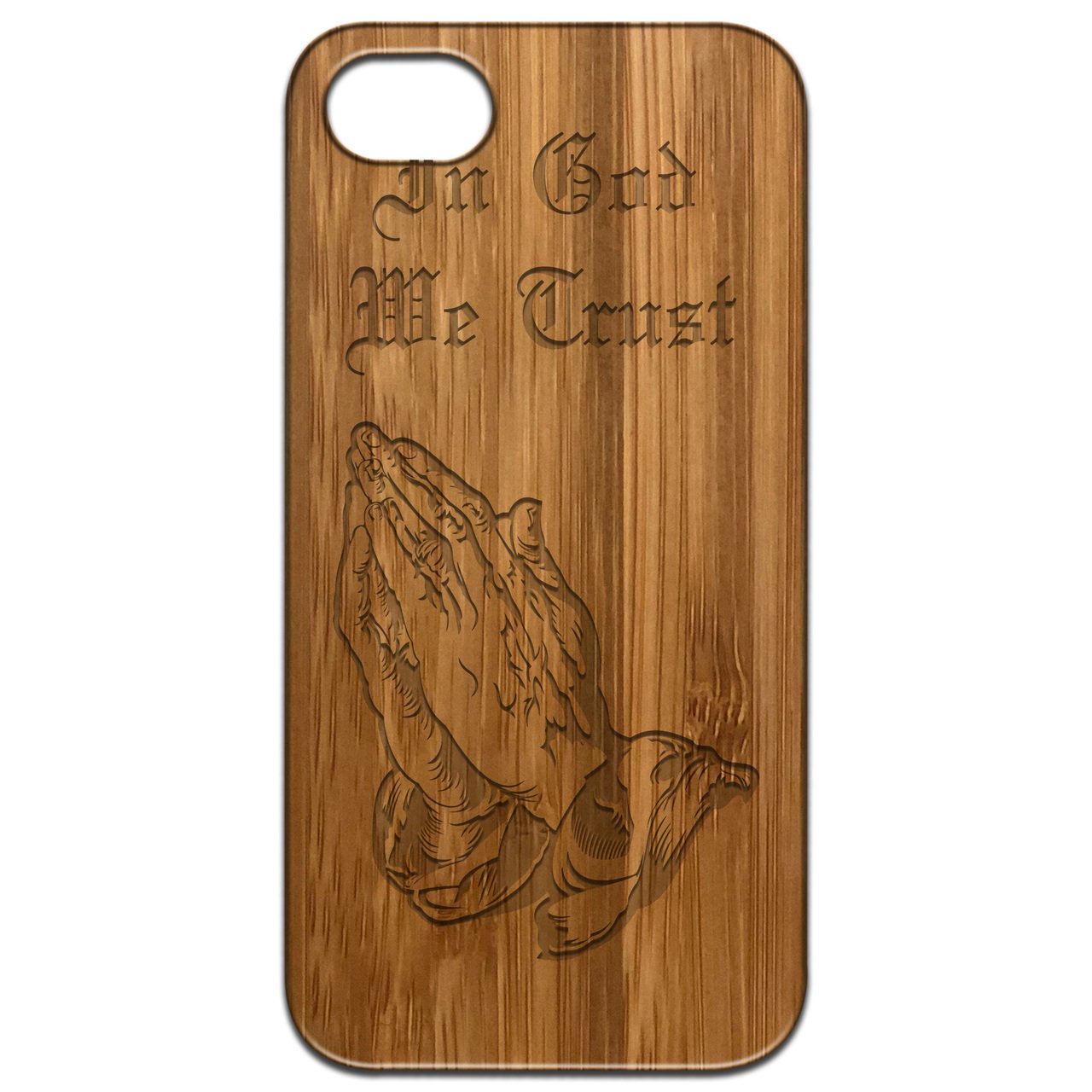 In God We Trust engraved wooden phone case showcasing natural wood finish and rubber bumper for enhanced protection.