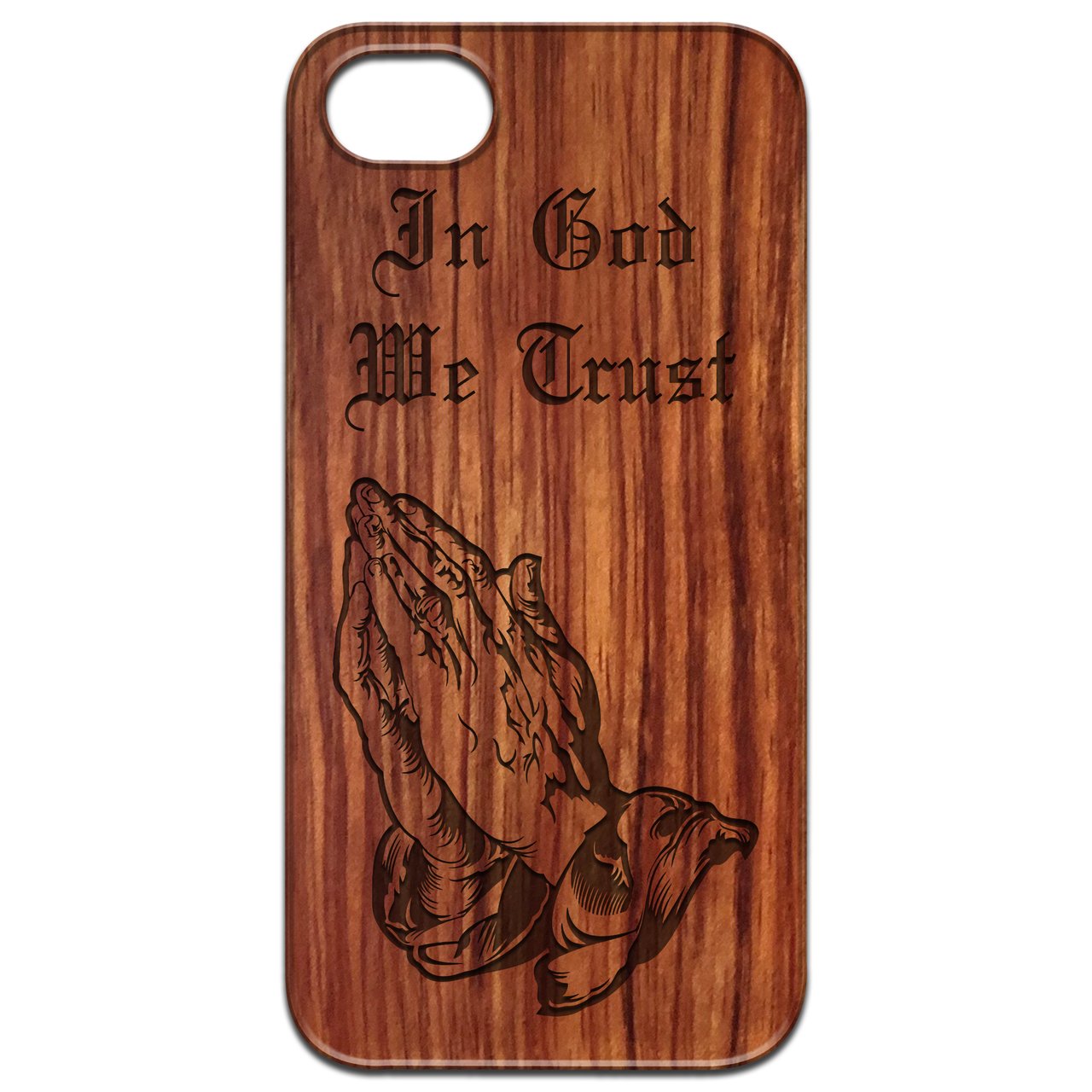 In God We Trust engraved wooden phone case showcasing natural wood finish and rubber bumper for enhanced protection.