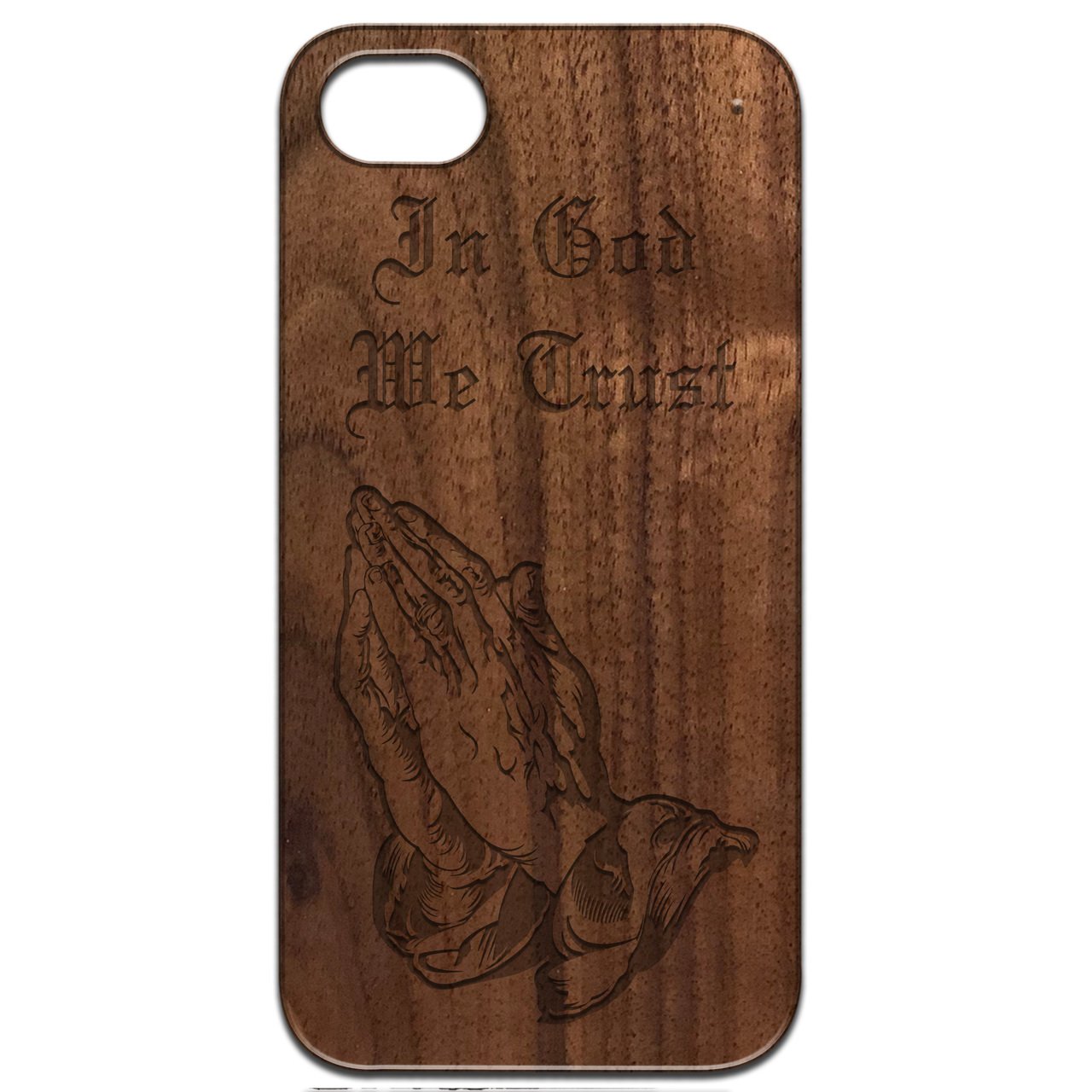 In God We Trust engraved wooden phone case showcasing natural wood finish and rubber bumper for enhanced protection.