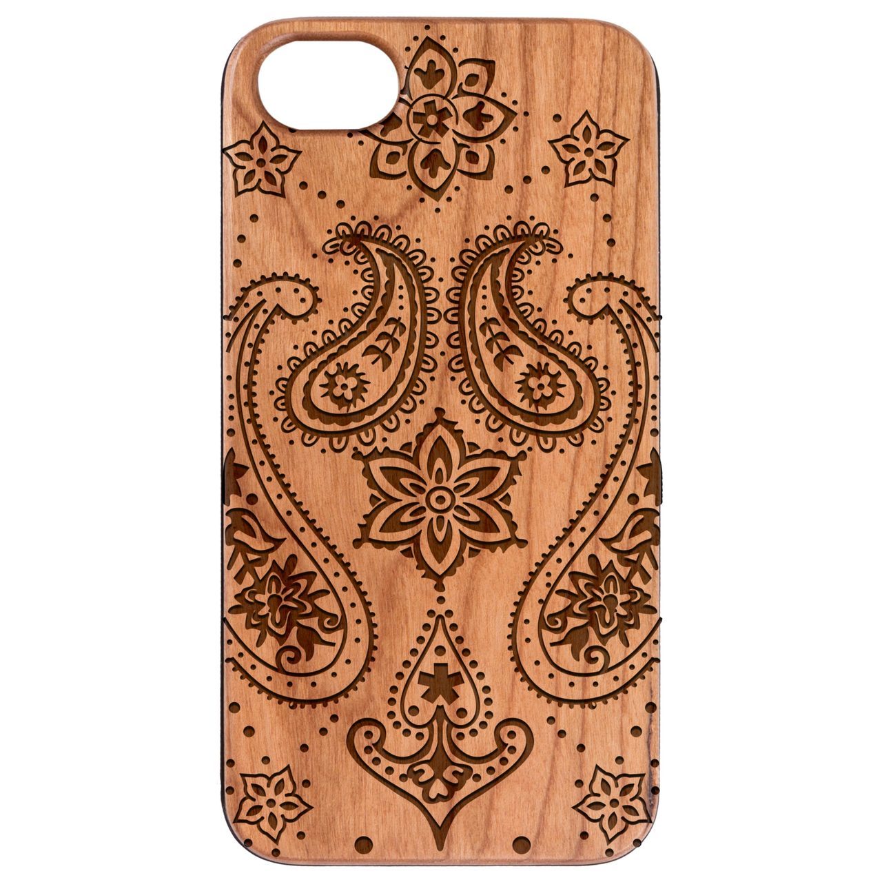 Indian Flower Engraved wooden phone case showcasing intricate design and natural wood finish.