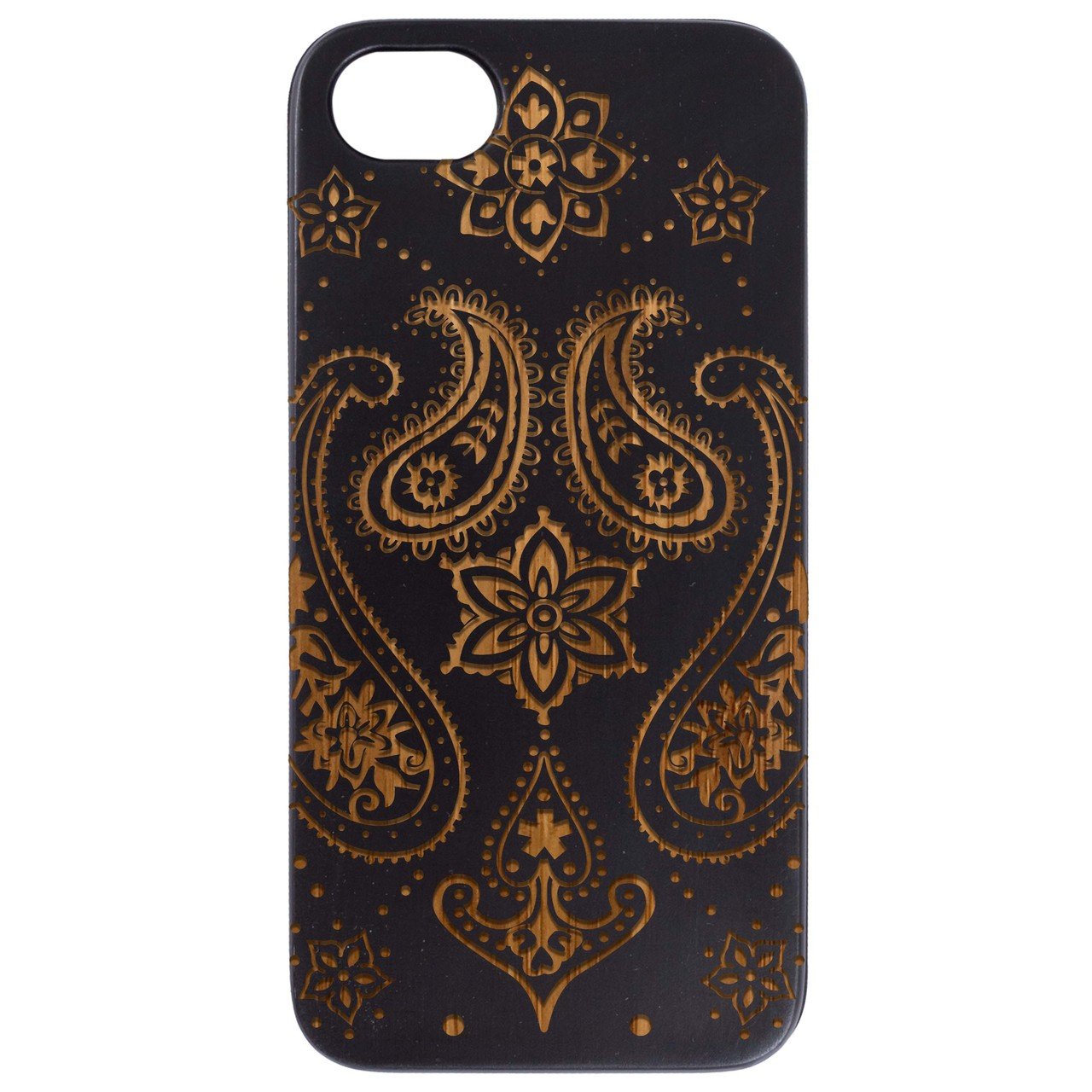 Indian Flower Engraved wooden phone case showcasing intricate design and natural wood finish.