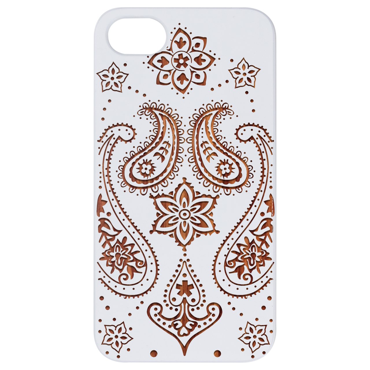 Indian Flower Engraved wooden phone case showcasing intricate design and natural wood finish.