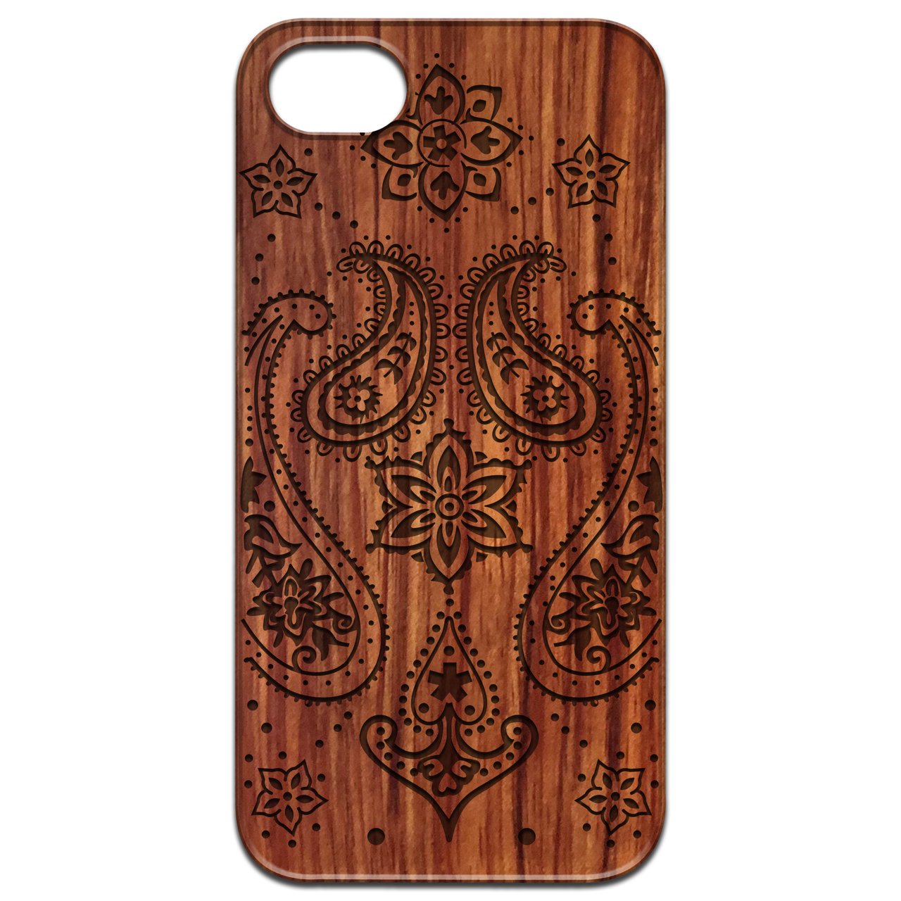 Indian Flower Engraved wooden phone case showcasing intricate design and natural wood finish.