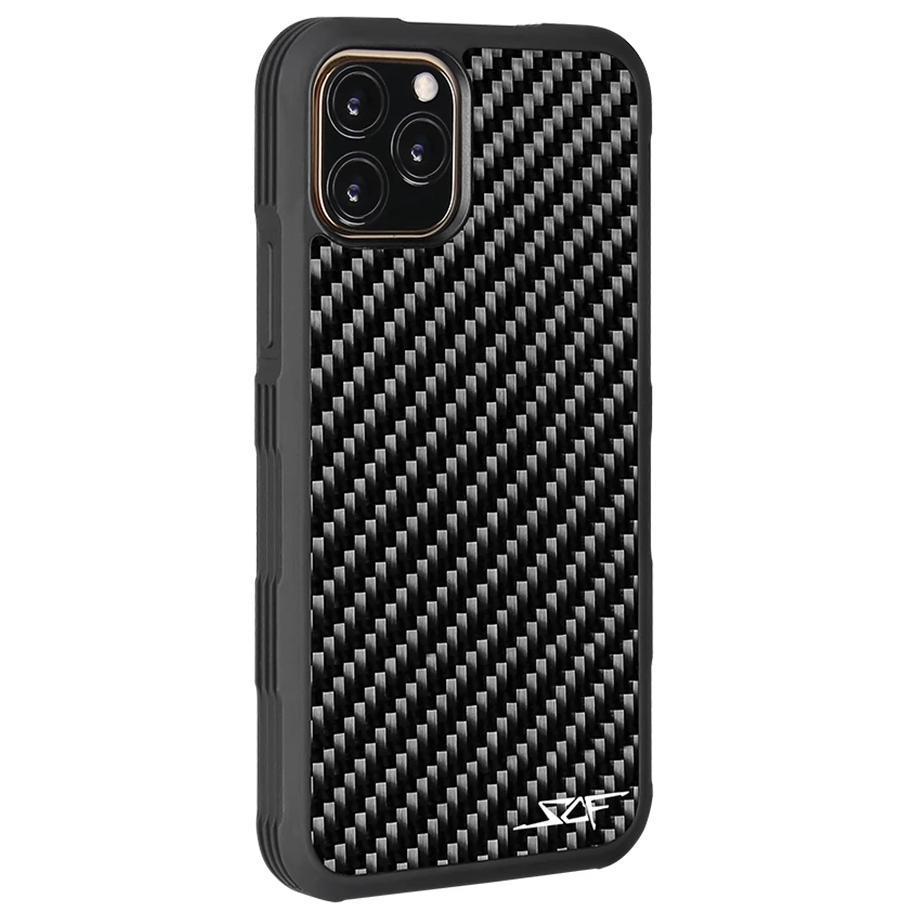 iPhone 11 Pro Max Real Carbon Fiber Case from ARMOR Series, showcasing its sleek design and textured grip.