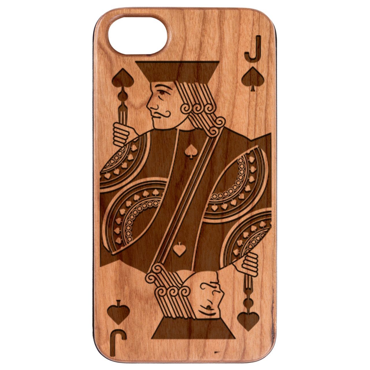 Jack Of Spades - Engraved wooden phone case showcasing intricate laser engraving and natural wood finish.