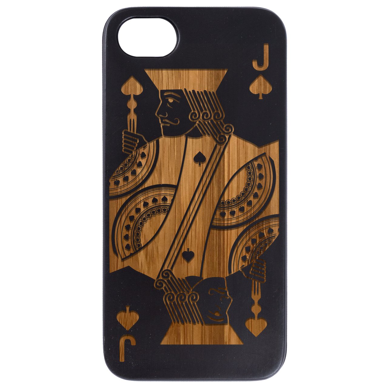 Jack Of Spades - Engraved wooden phone case showcasing intricate laser engraving and natural wood finish.