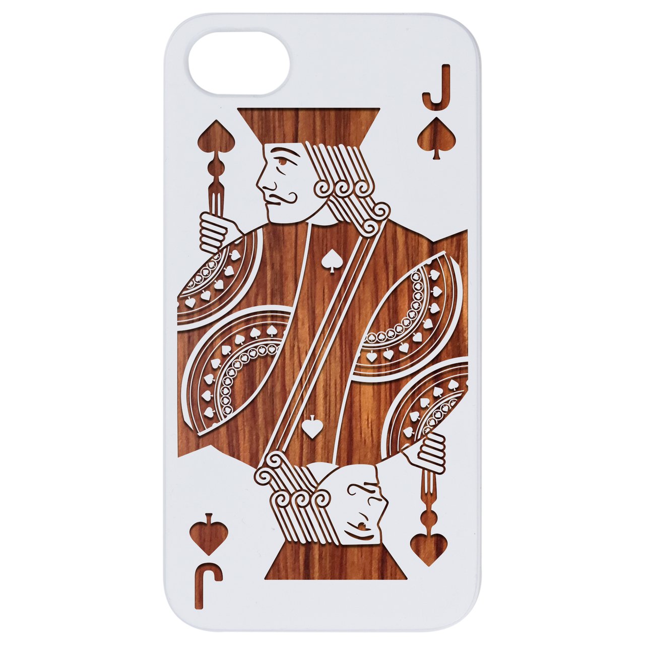 Jack Of Spades - Engraved wooden phone case showcasing intricate laser engraving and natural wood finish.