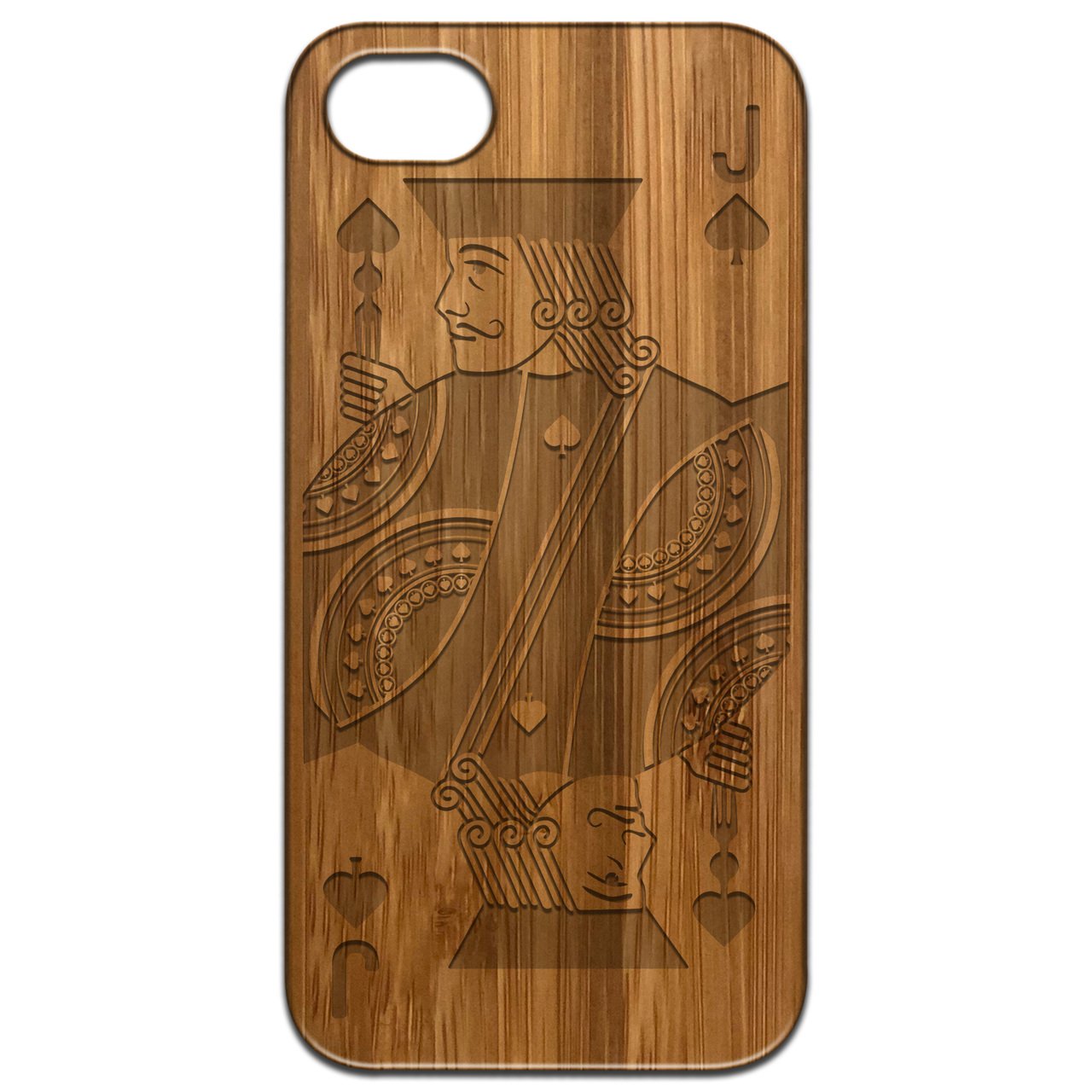 Jack Of Spades - Engraved wooden phone case showcasing intricate laser engraving and natural wood finish.