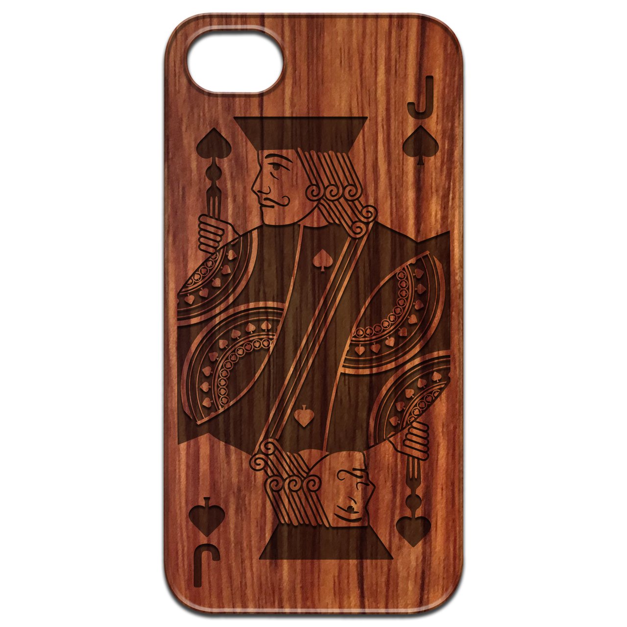 Jack Of Spades - Engraved wooden phone case showcasing intricate laser engraving and natural wood finish.