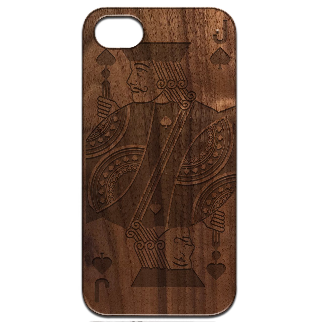 Jack Of Spades - Engraved wooden phone case showcasing intricate laser engraving and natural wood finish.