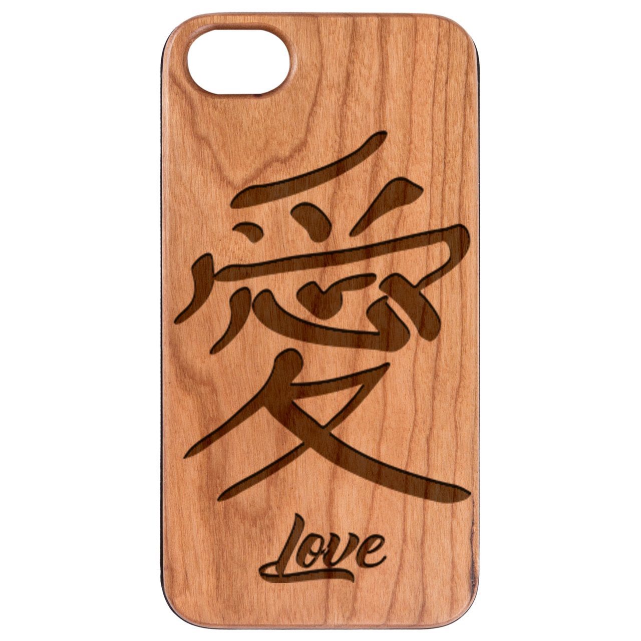 Japanese Love Kanji engraved wooden phone case showcasing intricate design and natural wood finish.