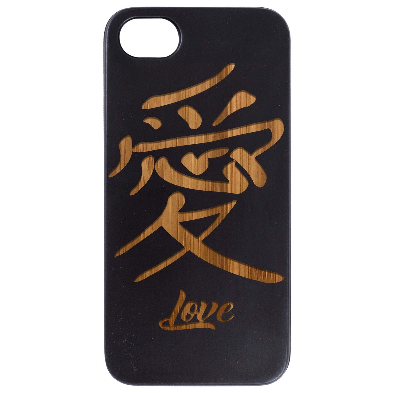 Japanese Love Kanji engraved wooden phone case showcasing intricate design and natural wood finish.