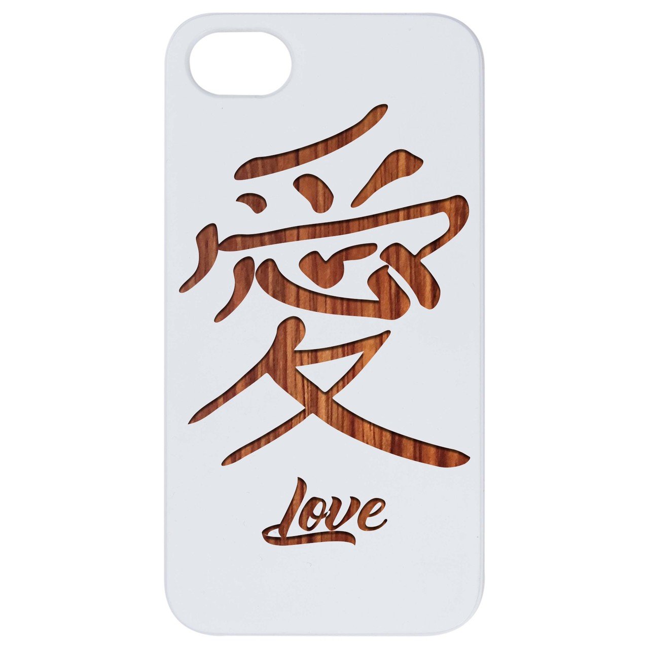 Japanese Love Kanji engraved wooden phone case showcasing intricate design and natural wood finish.