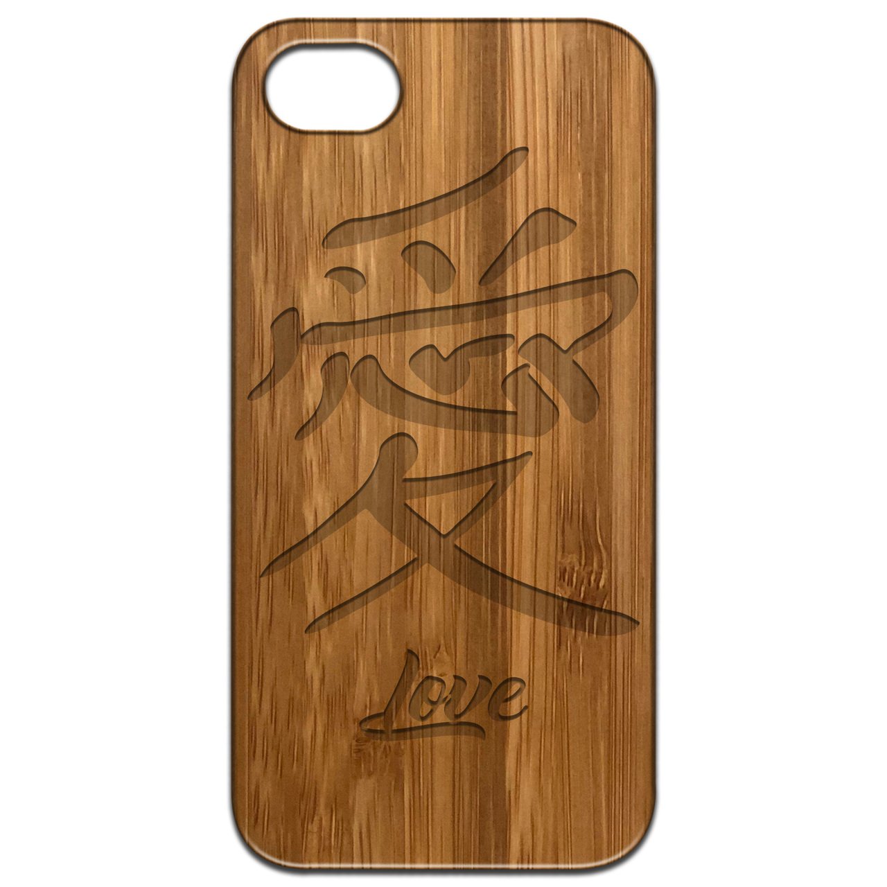 Japanese Love Kanji engraved wooden phone case showcasing intricate design and natural wood finish.