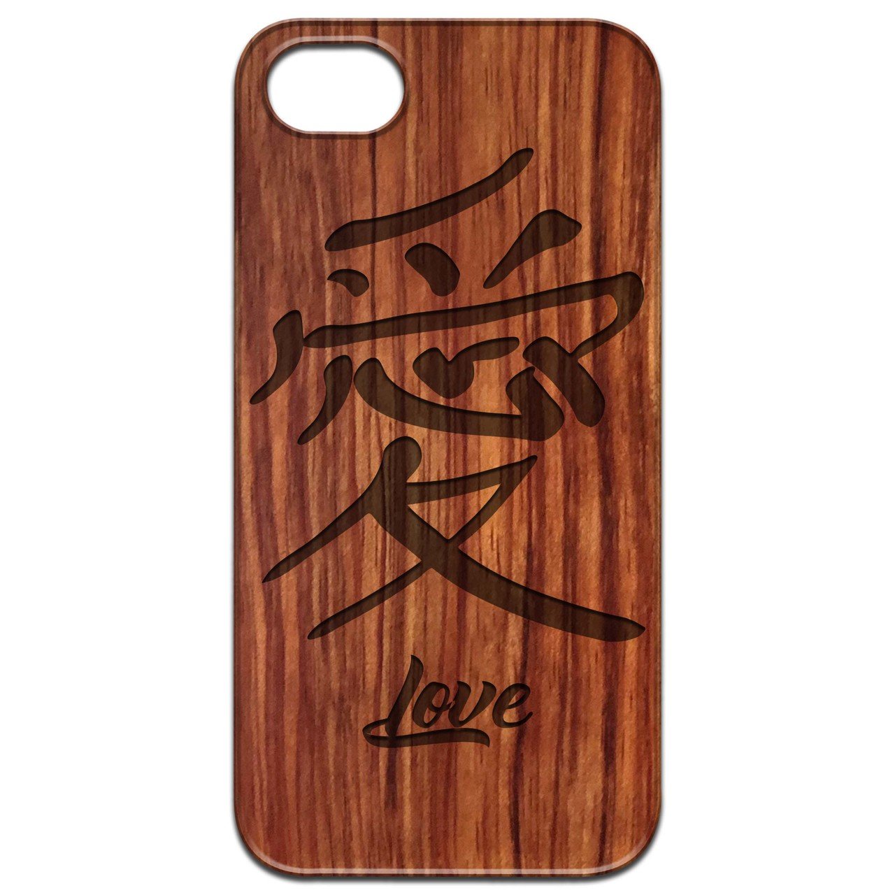 Japanese Love Kanji engraved wooden phone case showcasing intricate design and natural wood finish.