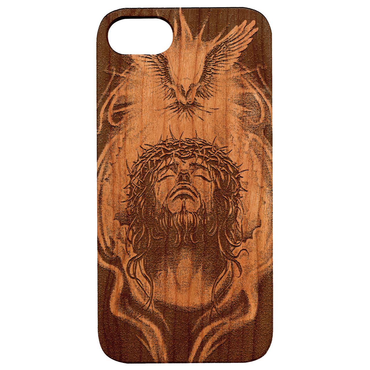 Jesus Crown Engraved wooden phone case showcasing intricate design and durable construction.