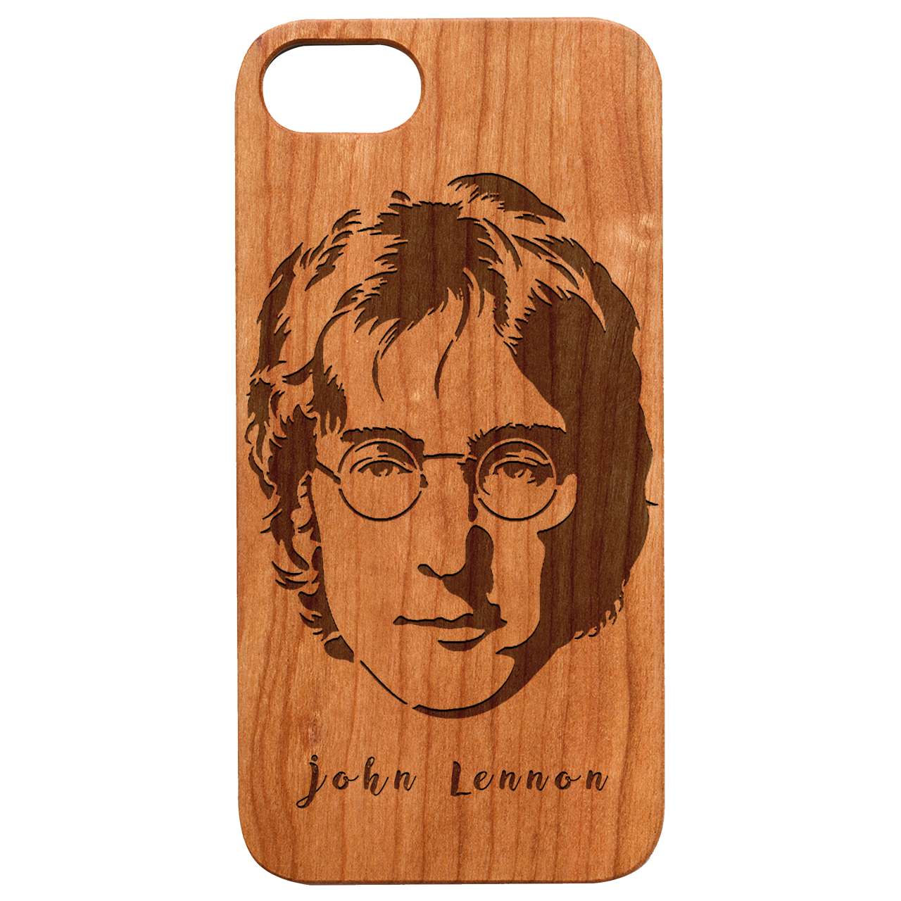 John Lennon engraved wooden phone case showcasing unique design and durable construction for iPhone and Samsung models.