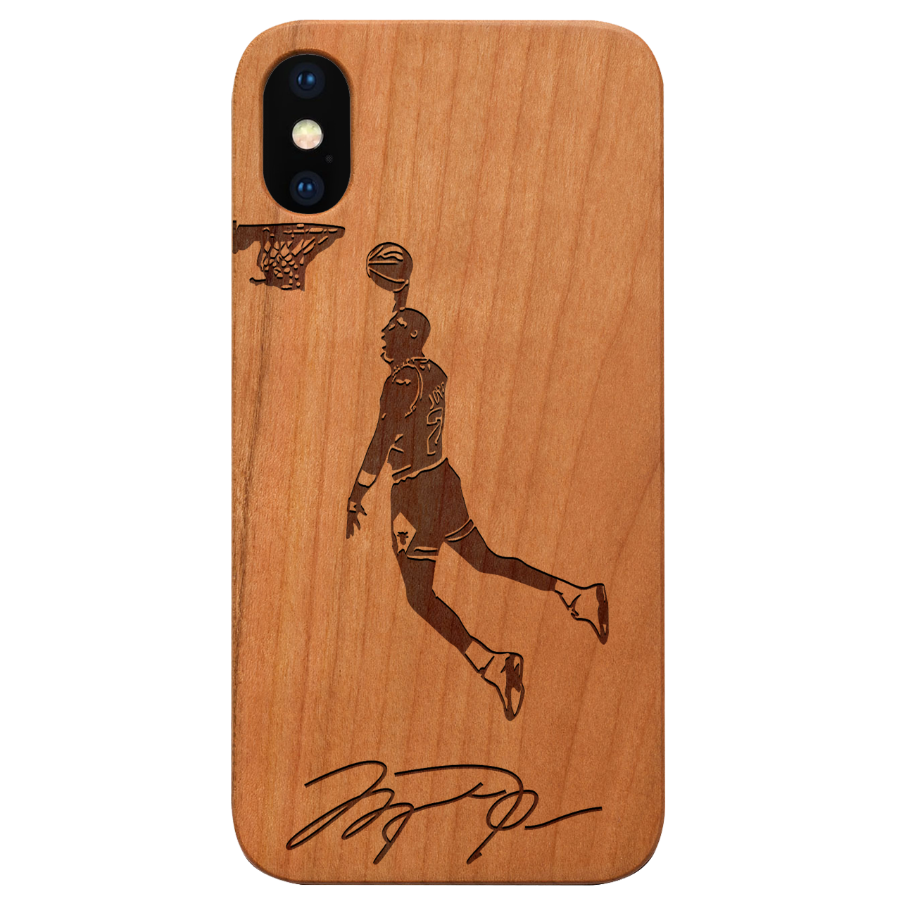 Jordan Signature - Engraved wooden phone case showcasing unique laser-engraved design and natural wood finish.