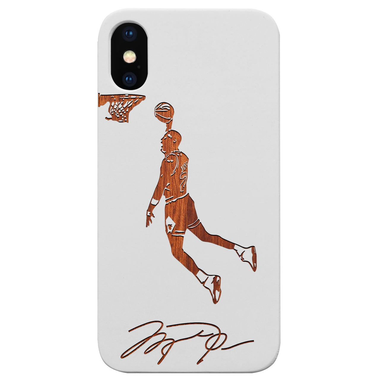 Jordan Signature - Engraved wooden phone case showcasing unique laser-engraved design and natural wood finish.