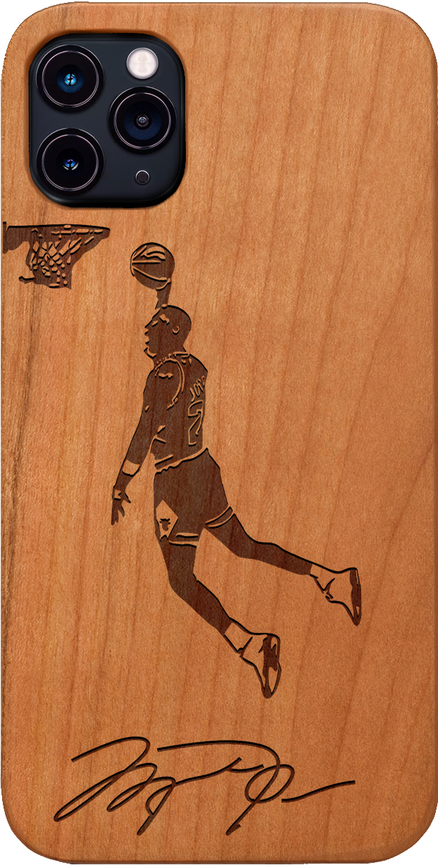 Jordan Signature - Engraved wooden phone case showcasing unique laser-engraved design and natural wood finish.