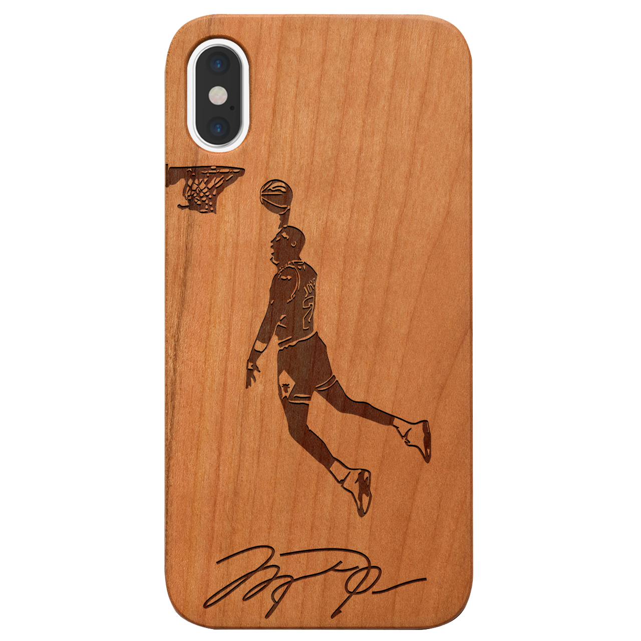 Jordan Signature - Engraved wooden phone case showcasing unique laser-engraved design and natural wood finish.