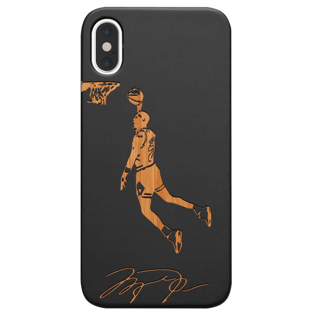 Jordan Signature - Engraved wooden phone case showcasing unique laser-engraved design and natural wood finish.