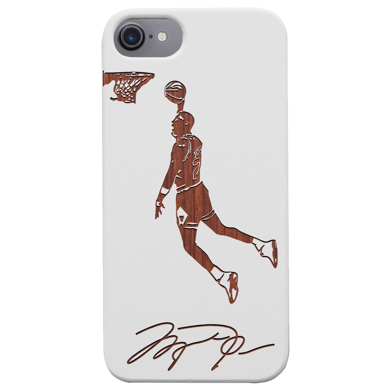 Jordan Signature - Engraved wooden phone case showcasing unique laser-engraved design and natural wood finish.