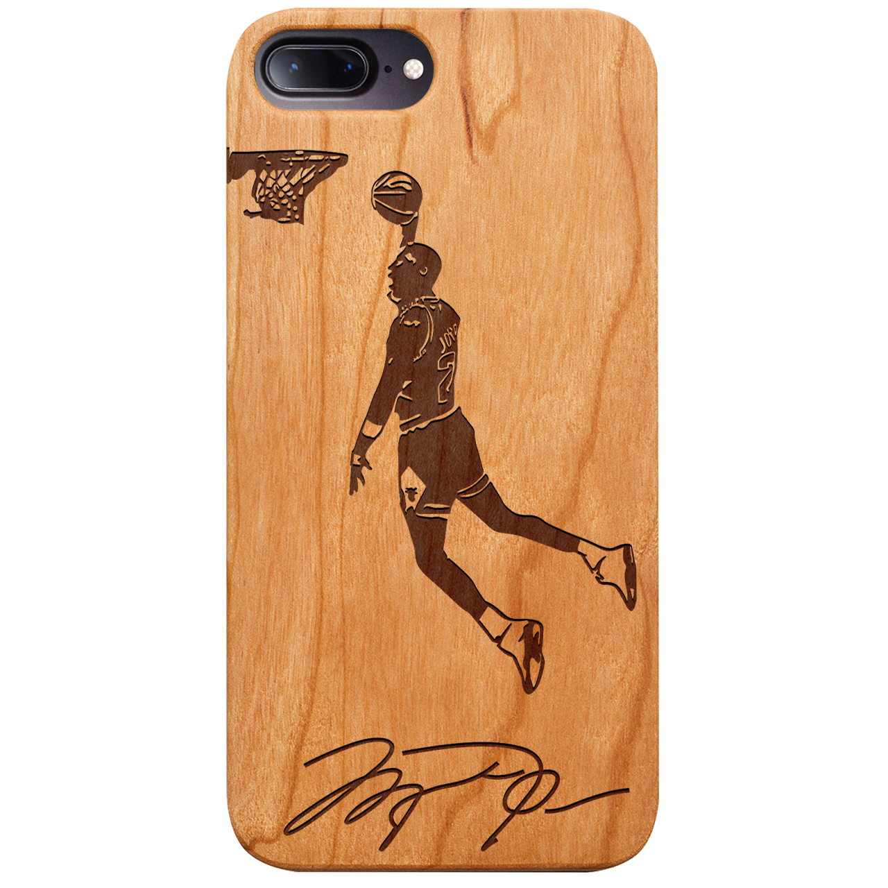 Jordan Signature - Engraved wooden phone case showcasing unique laser-engraved design and natural wood finish.