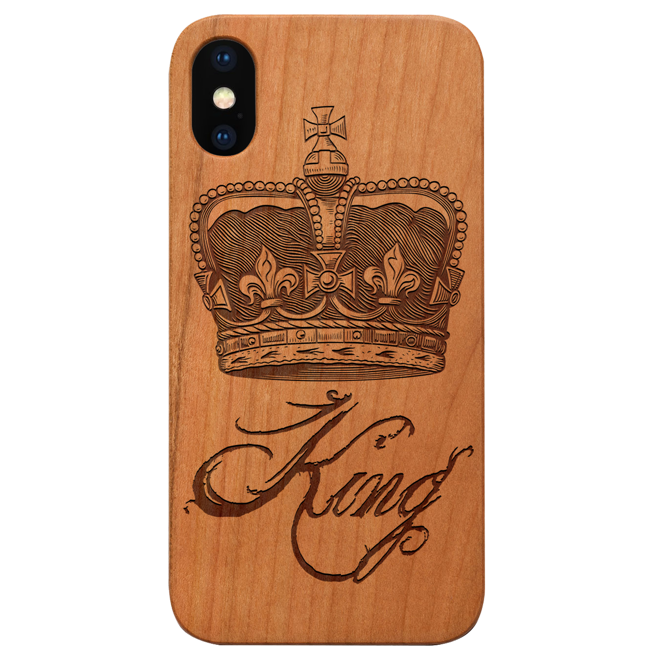 King Crown - Engraved wooden phone case showcasing intricate laser-engraved design and durable wood finish.