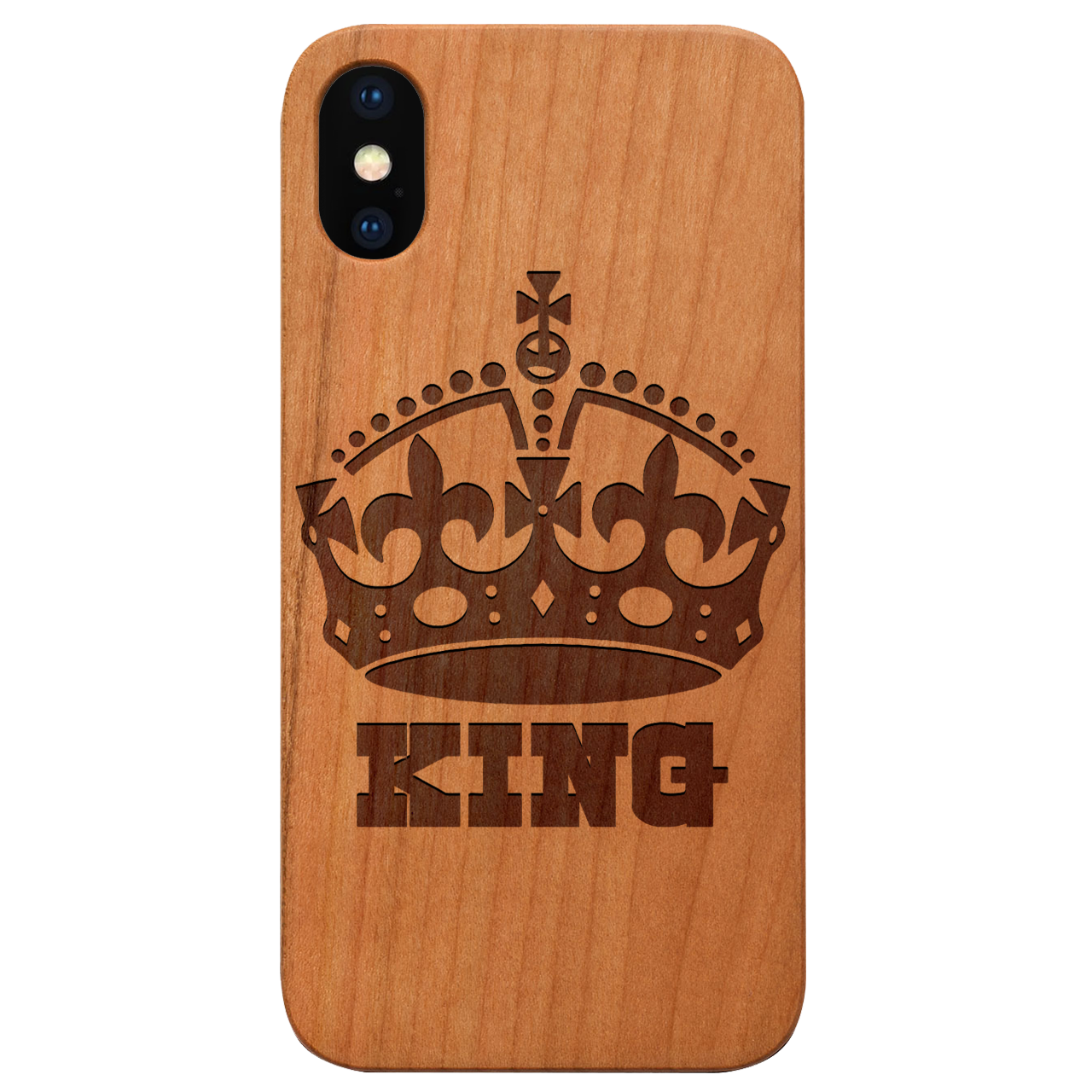 King - Engraved wooden phone case featuring unique laser-engraved designs and natural wood finish, designed for iPhone and Samsung models.