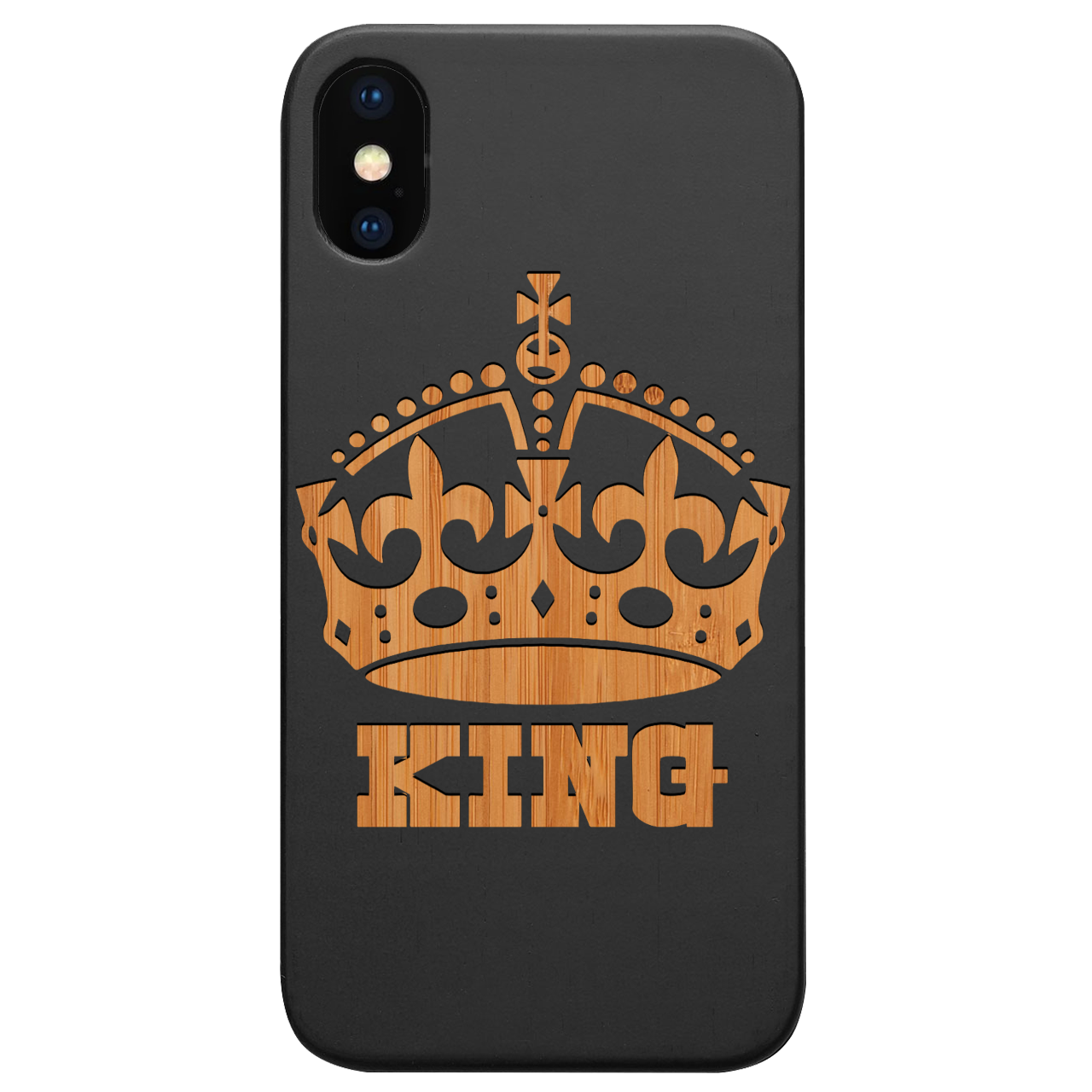 King - Engraved wooden phone case featuring unique laser-engraved designs and natural wood finish, designed for iPhone and Samsung models.