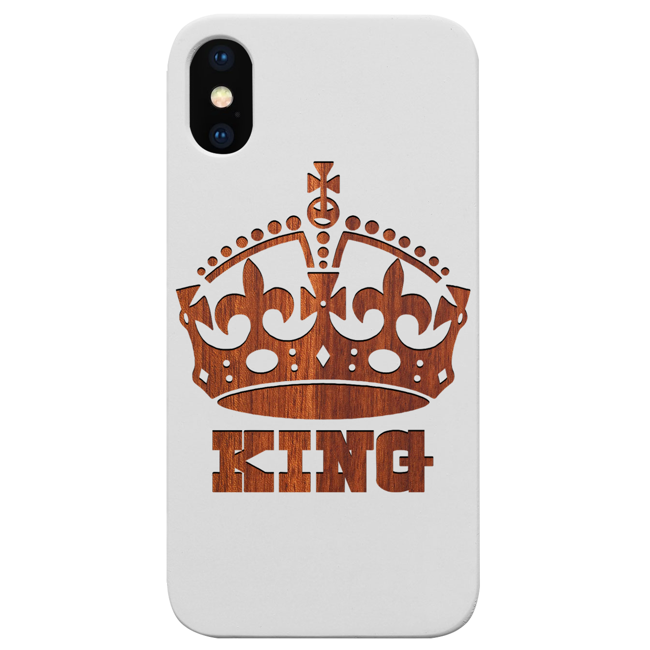 King - Engraved wooden phone case featuring unique laser-engraved designs and natural wood finish, designed for iPhone and Samsung models.